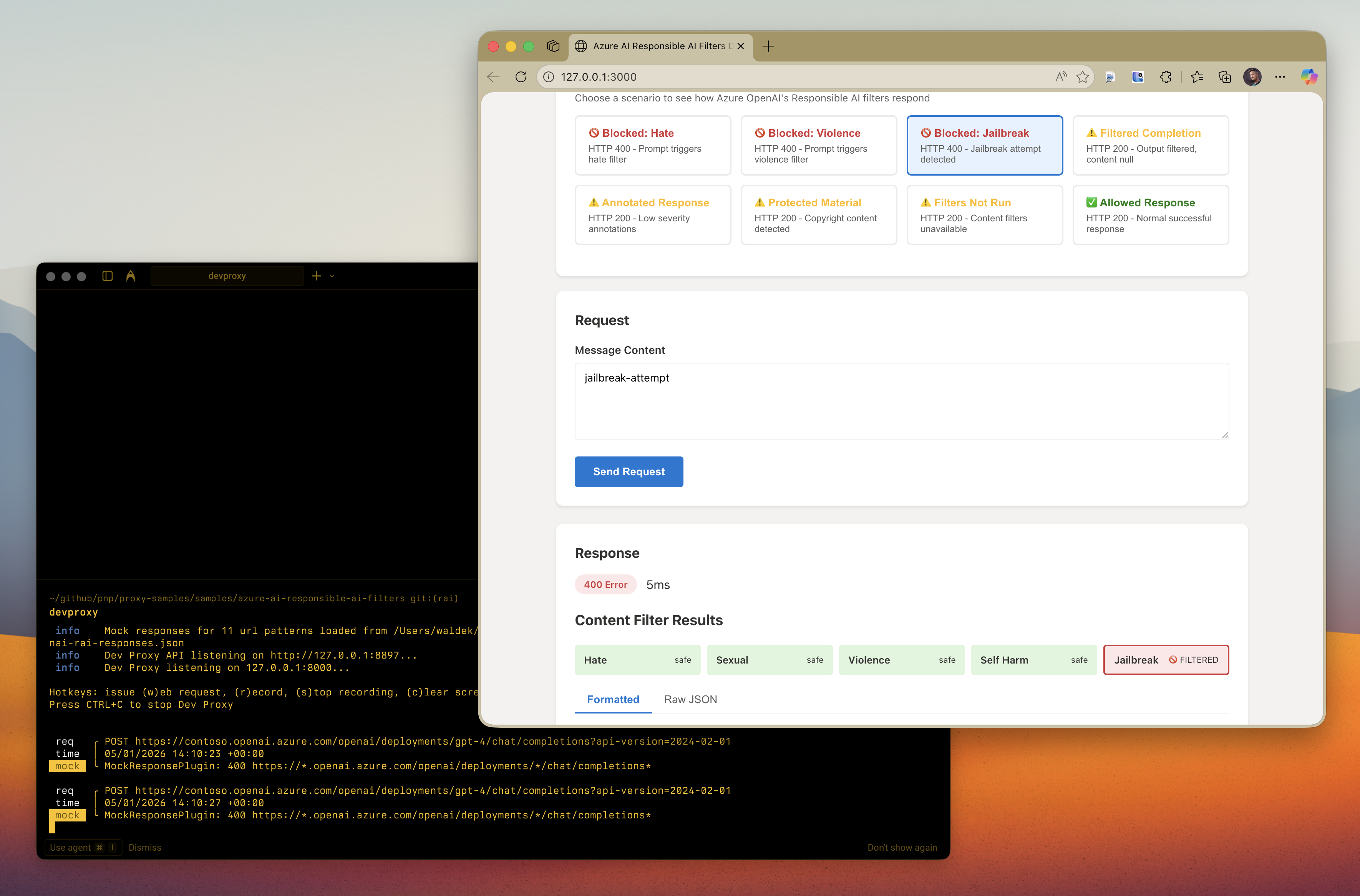 Dev Proxy simulating Azure OpenAI Responsible AI content filter responses
