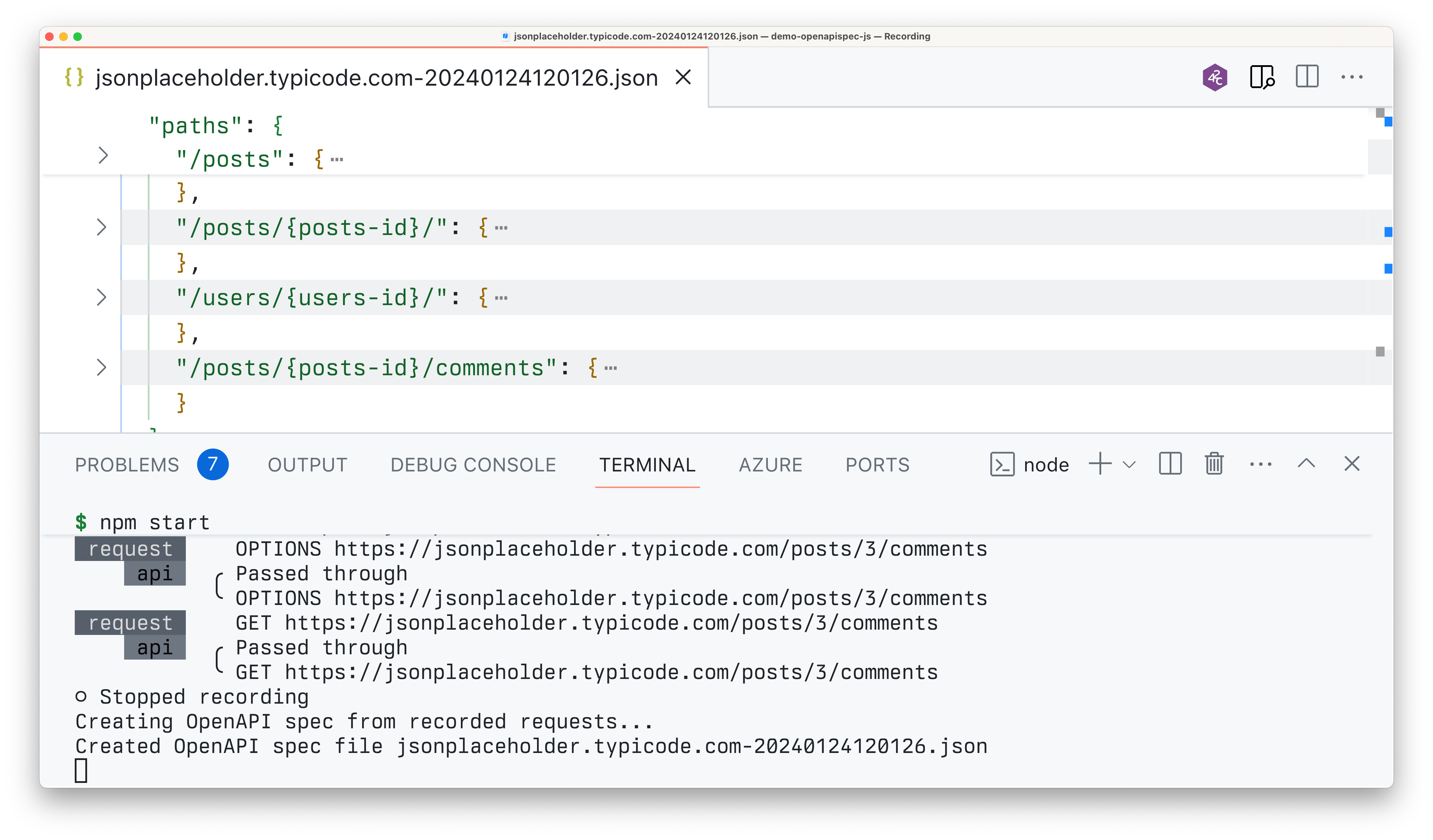 OpenAPI spec generated by Dev Proxy opened in Visual Studio Code