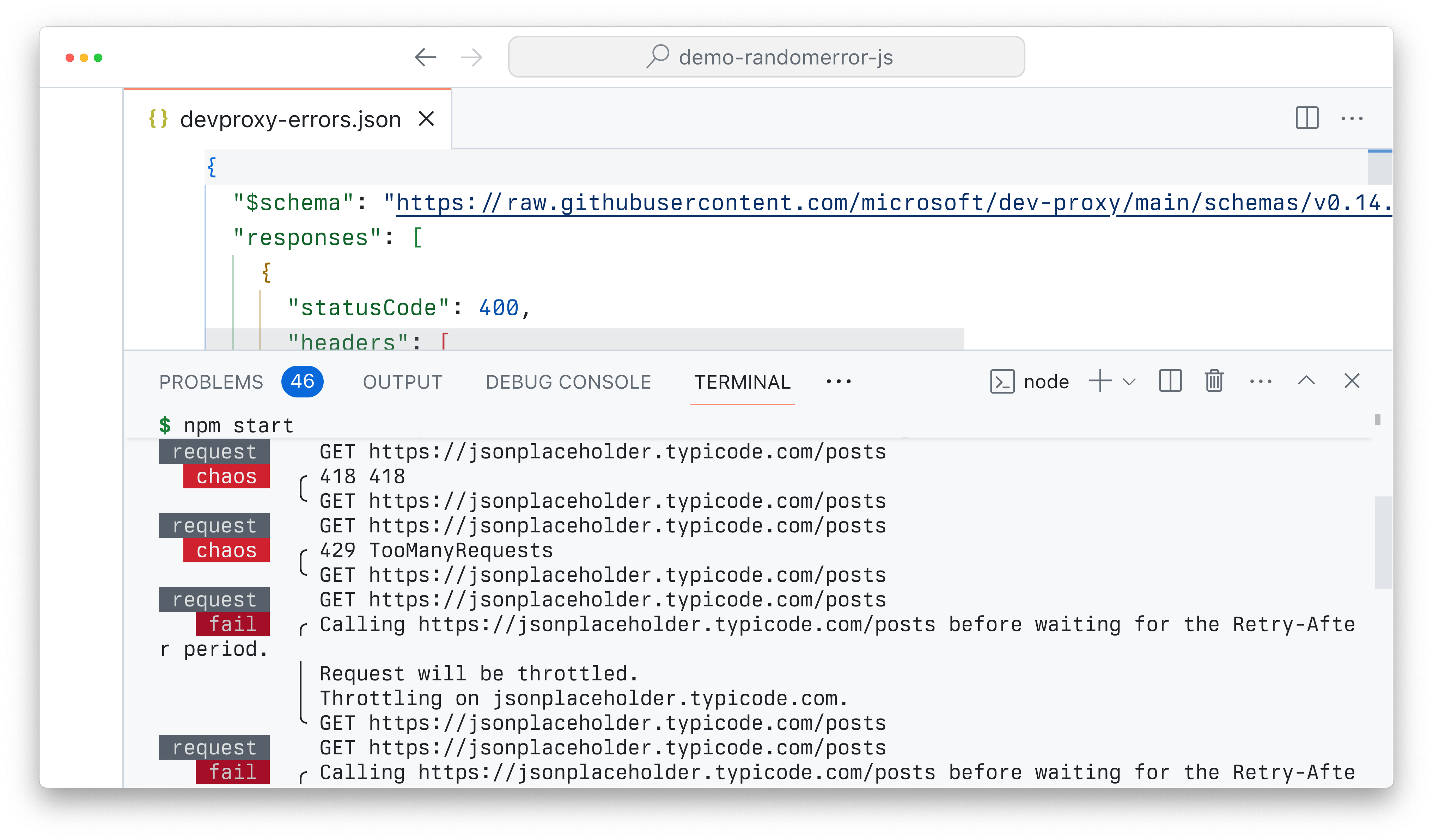 Terminal window in VSCode showing Dev Proxy simulating random API errors