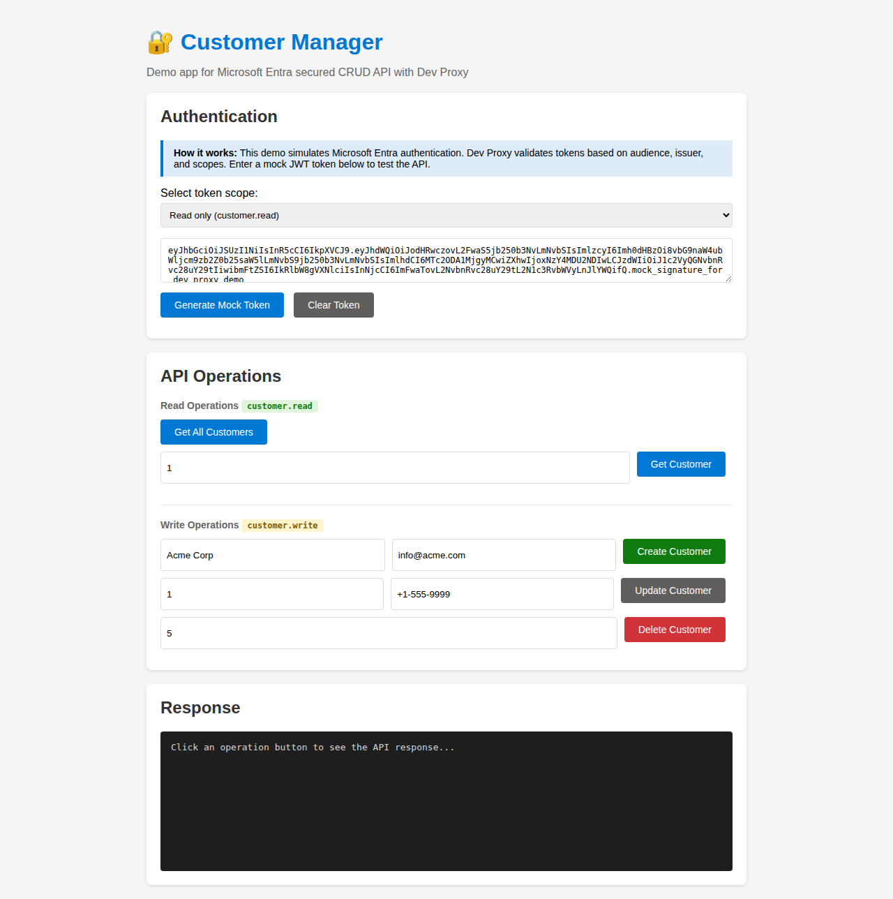 Customer Manager demo app showing Entra secured CRUD API