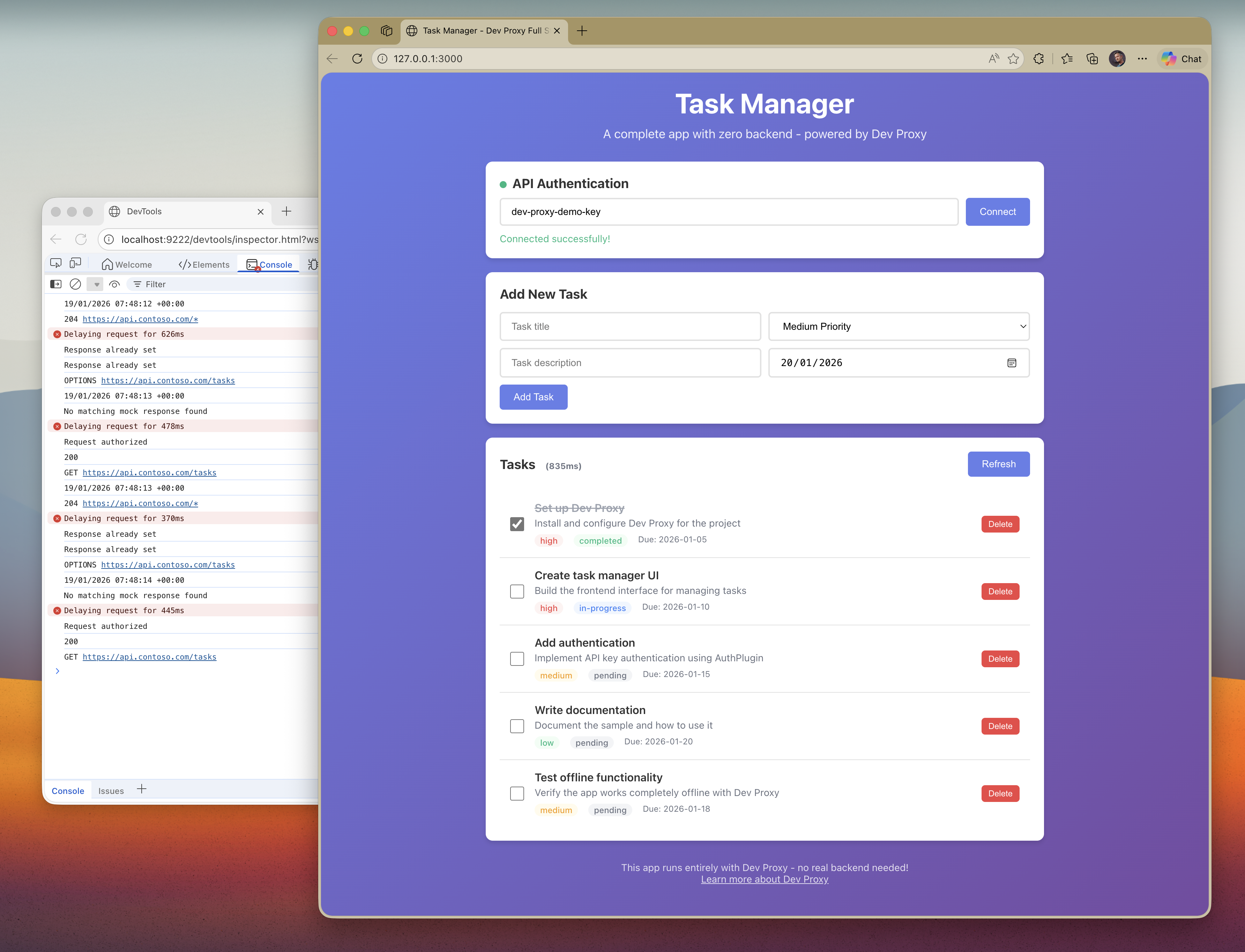 Task Manager app running with Dev Proxy