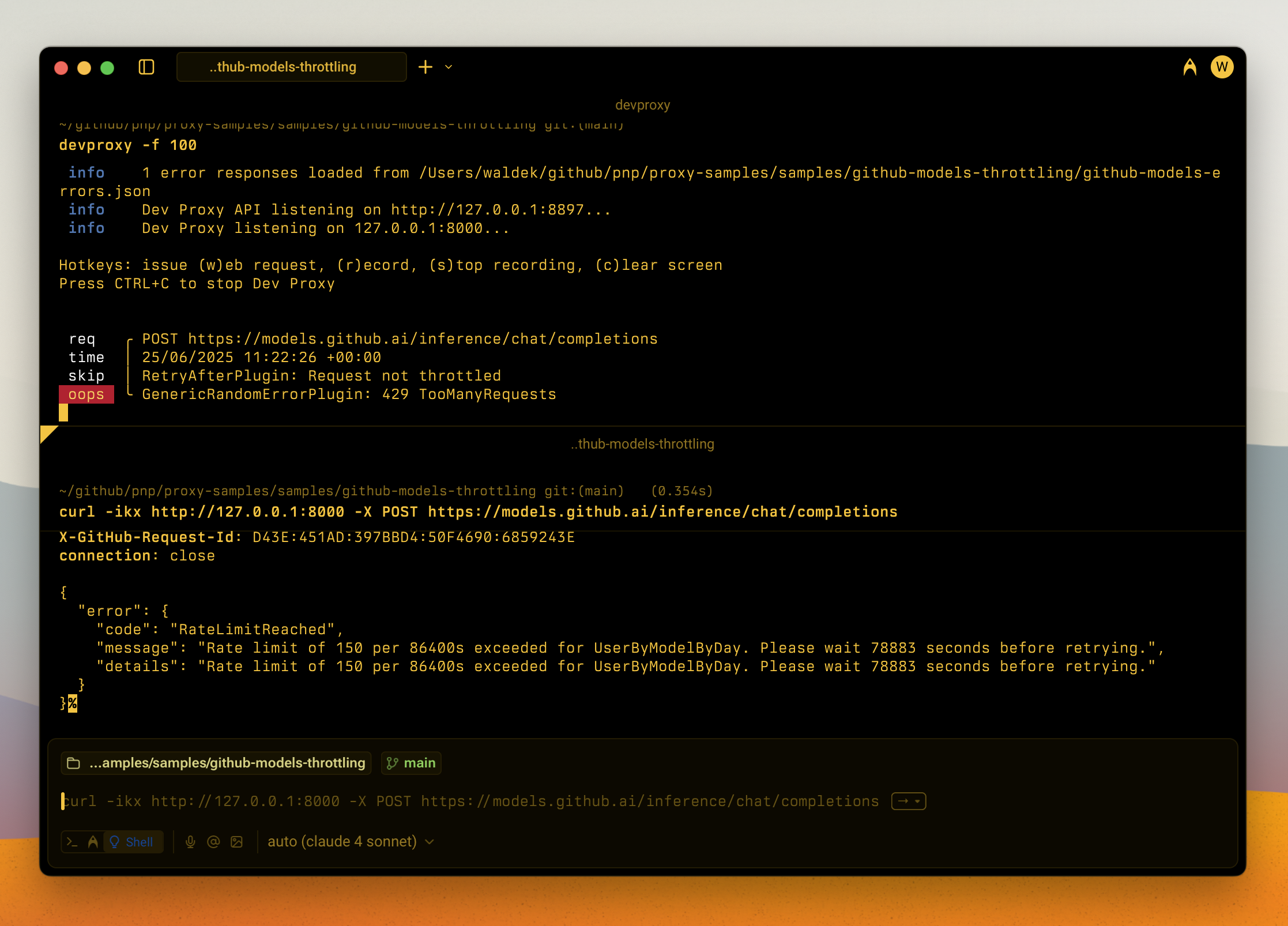 Dev Proxy simulating throttling of the GitHub Models inference API when exceeded the number of requests per day
