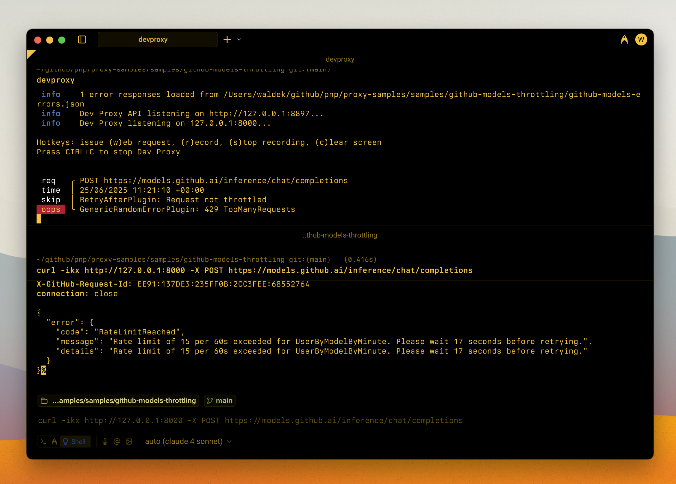 Dev Proxy simulating throttling of the GitHub Models inference API when exceeded the number of requests per minute