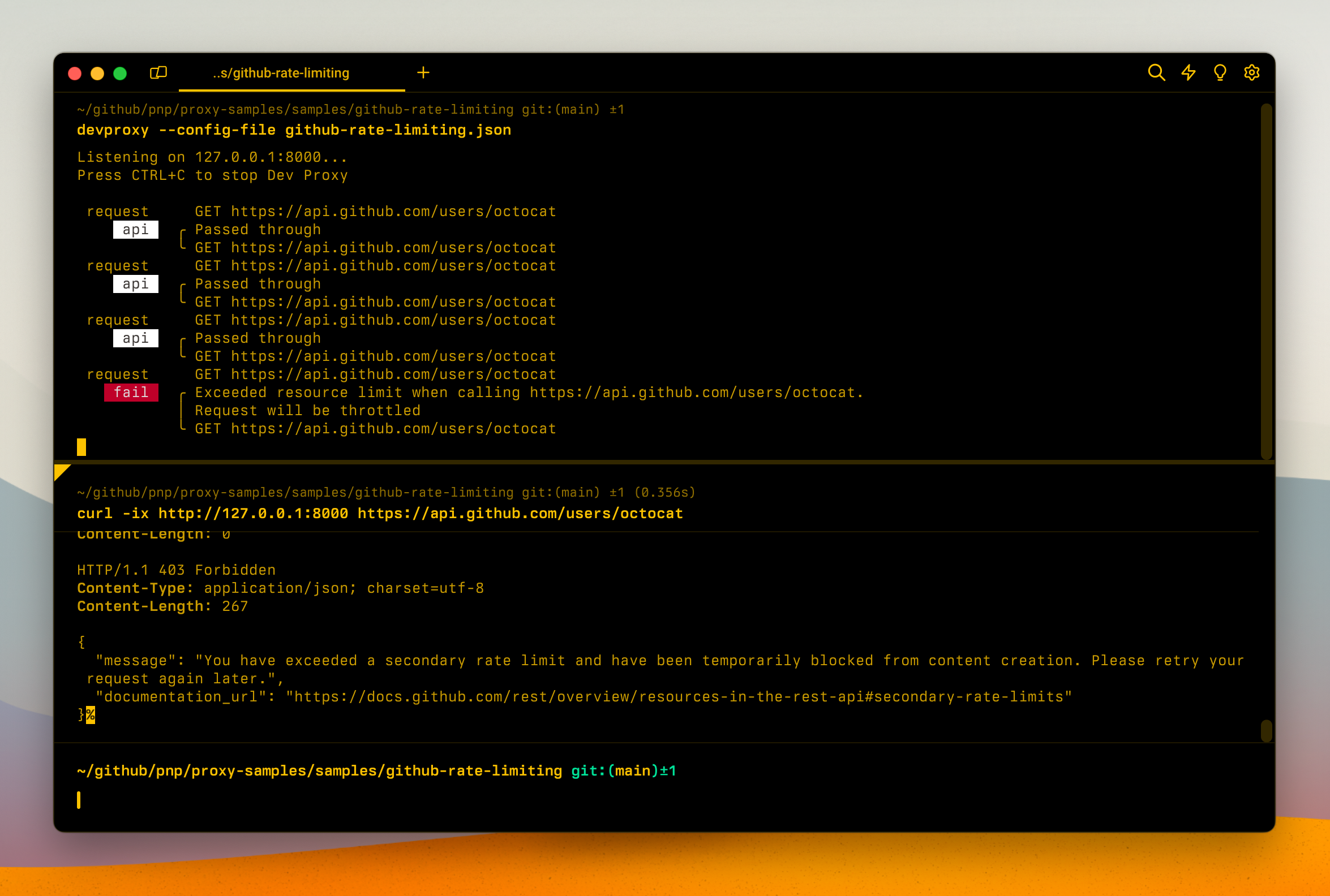 Dev Proxy simulating rate limiting on Microsoft Graph APIs