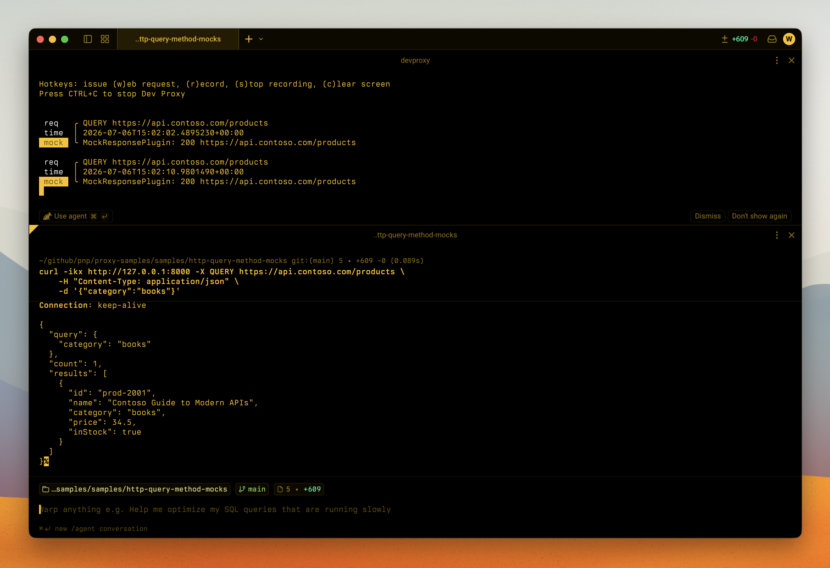 Dev Proxy mocking an HTTP QUERY request to a product catalog API
