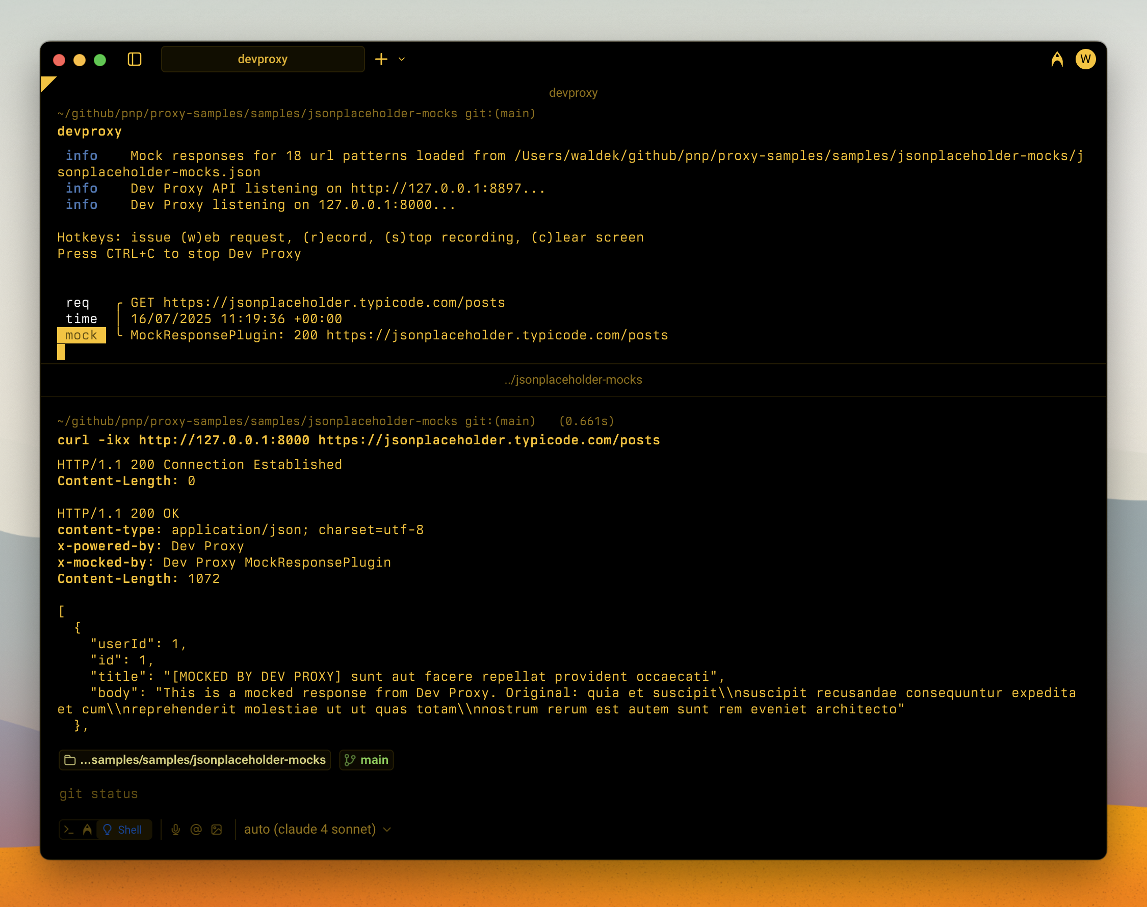 Dev Proxy simulating mocking JSONPlaceholder API request