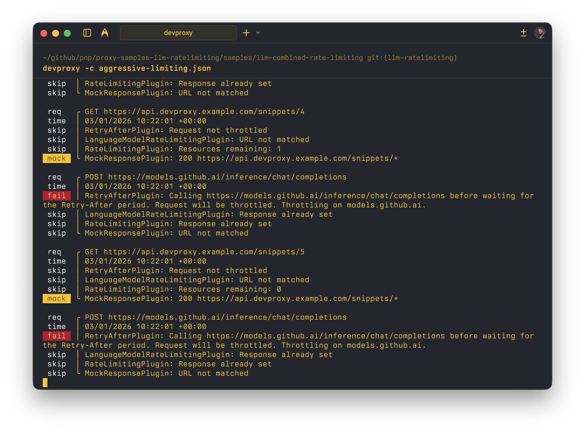 Dev Proxy console showing intercepted requests