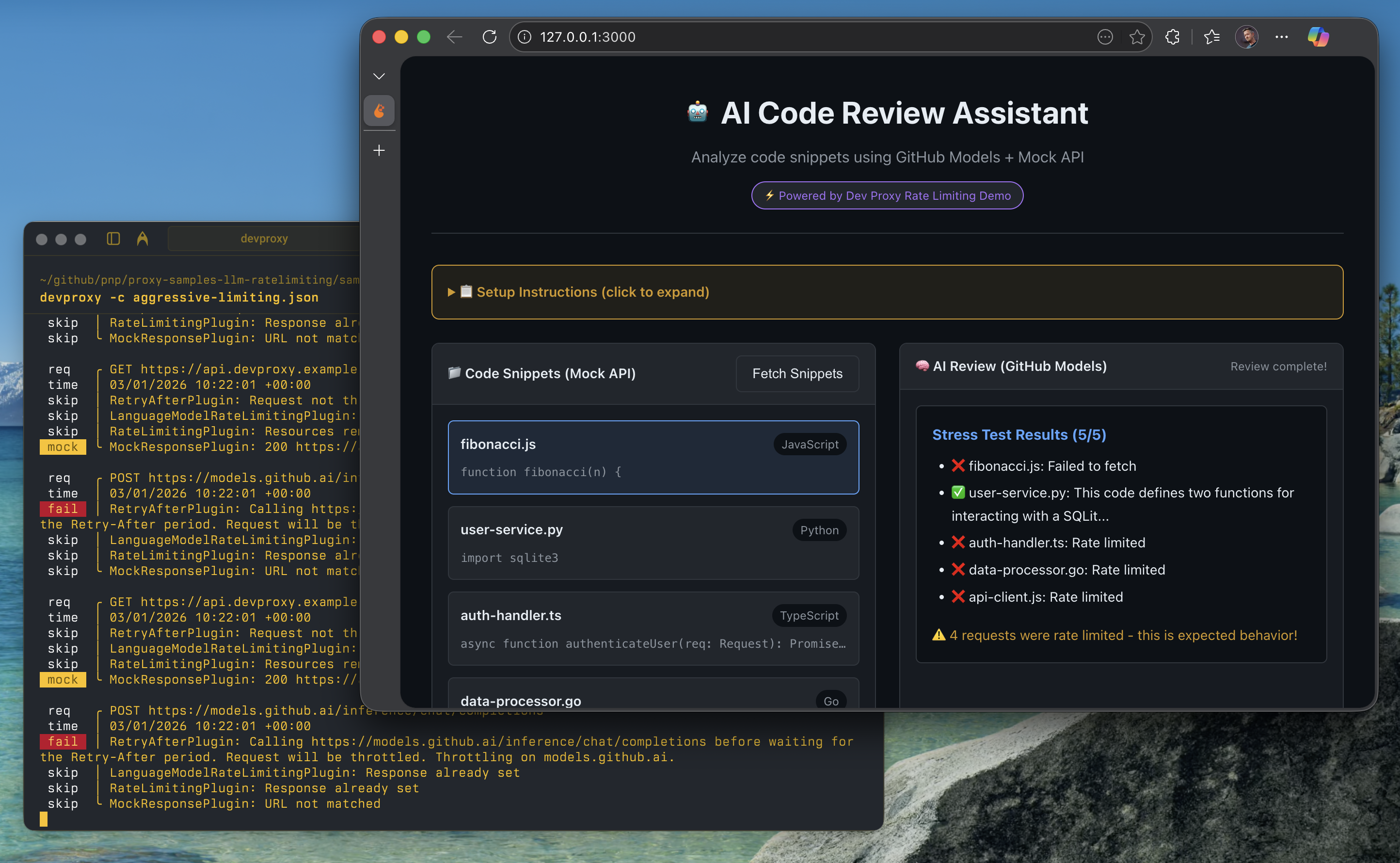 Dev Proxy simulating combined token and request rate limiting