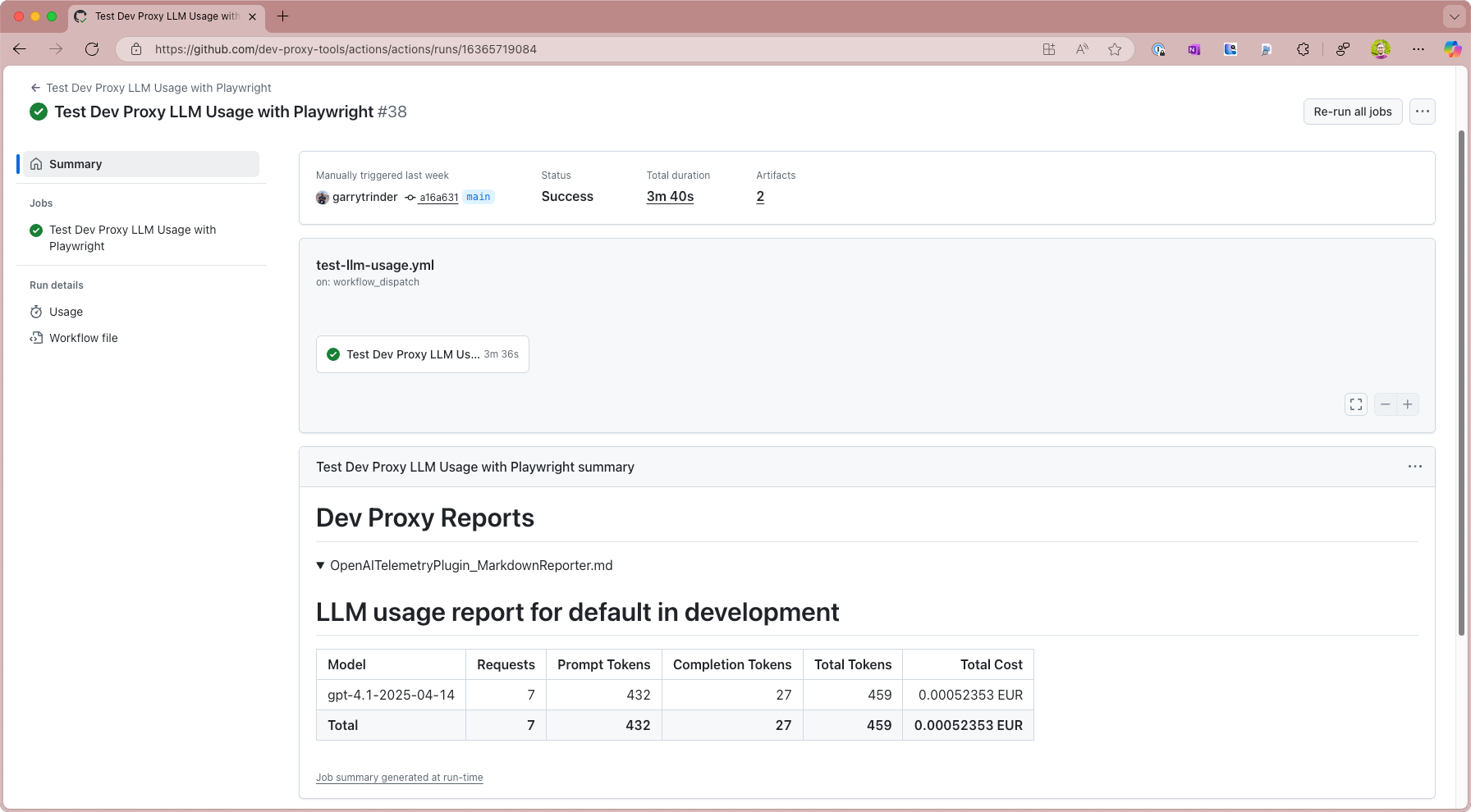 GitHub Actions summary for 'Test Dev Proxy LLM Usage with Playwright #38' by garrytrinder. Status: Success. Duration: 3m 40s. Includes LLM usage report for gpt-4-1-2025-04-14 showing token usage and cost in development environment.