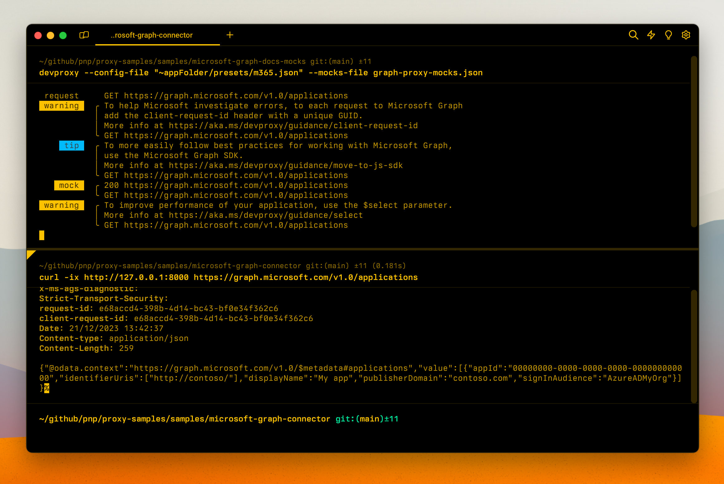 Dev Proxy simulating mocking Microsoft Graph API request to /applications