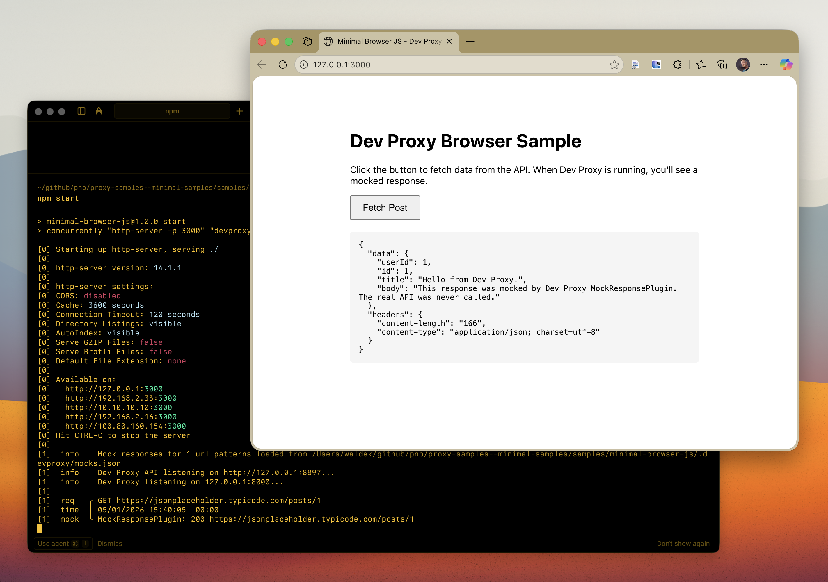 Dev Proxy mocking a browser API request