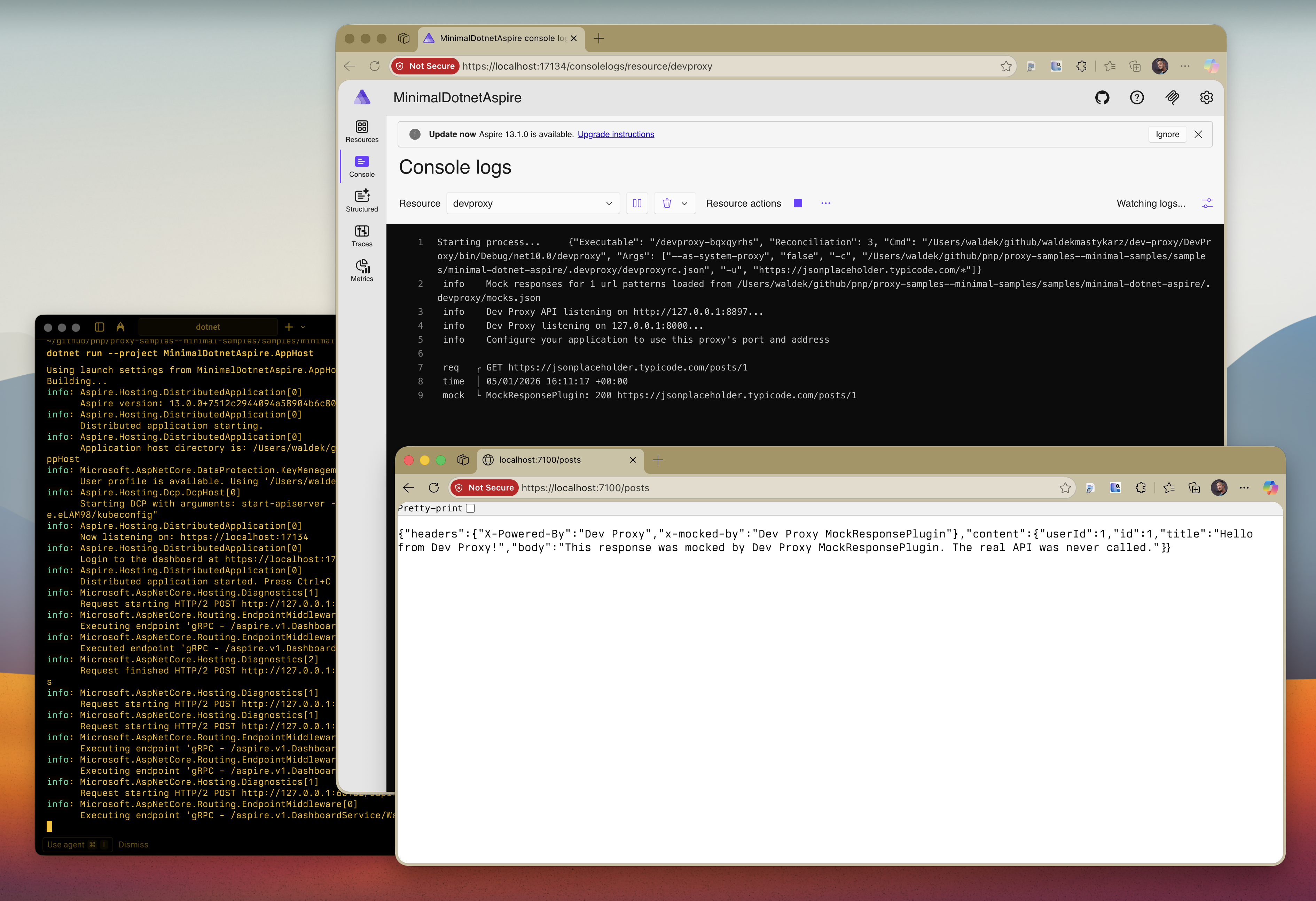 Dev Proxy mocking a .NET Aspire app API request