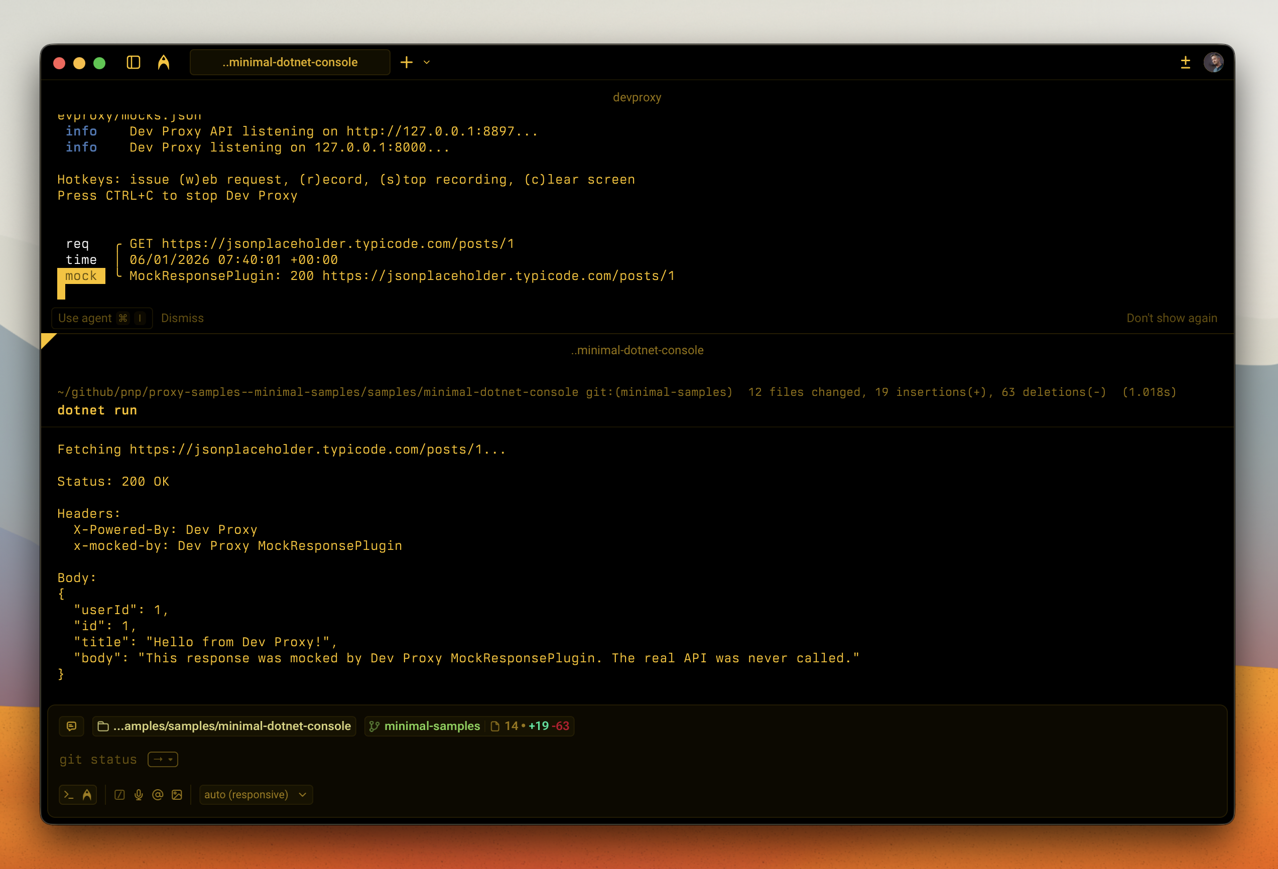 Dev Proxy mocking a .NET console app API request
