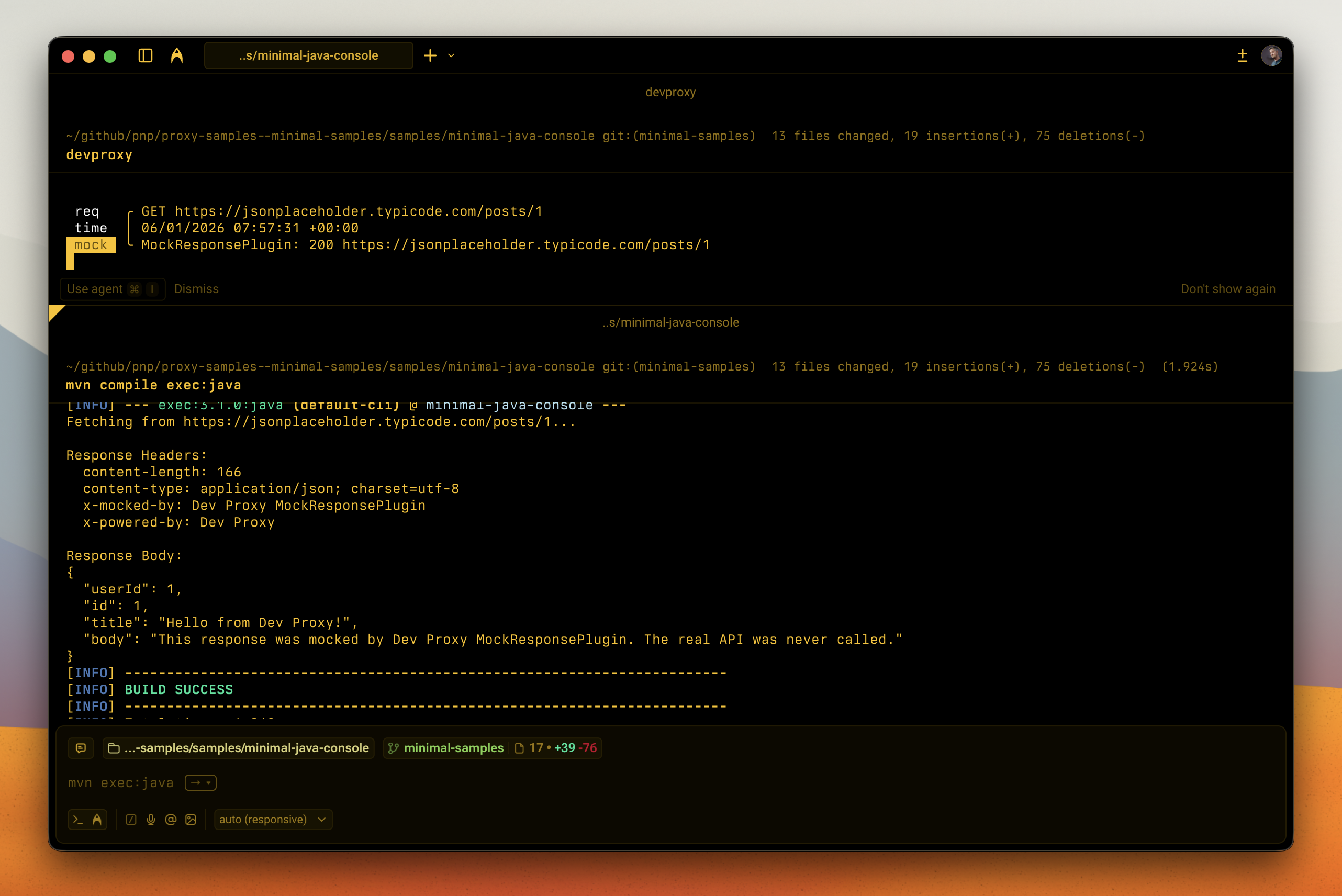 Dev Proxy mocking a Java console app API request