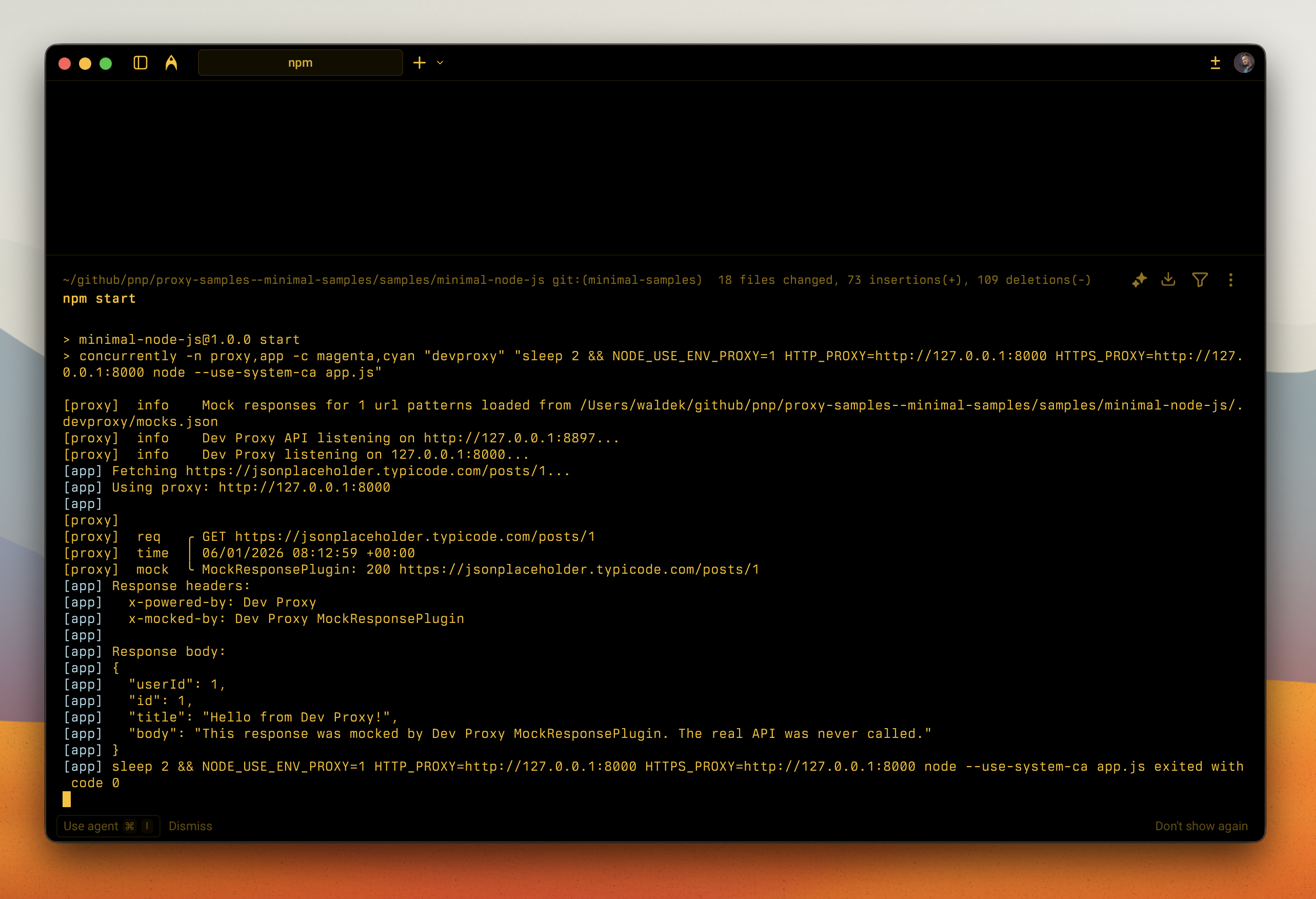 Dev Proxy mocking a Node.js API request