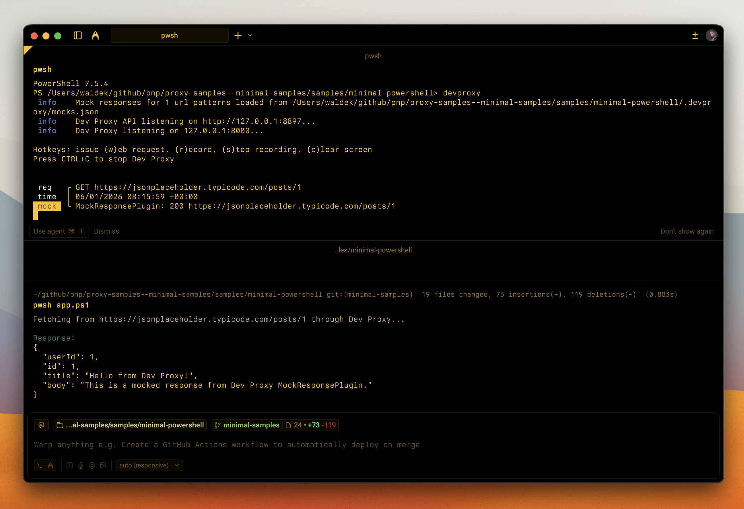Dev Proxy mocking a PowerShell API request