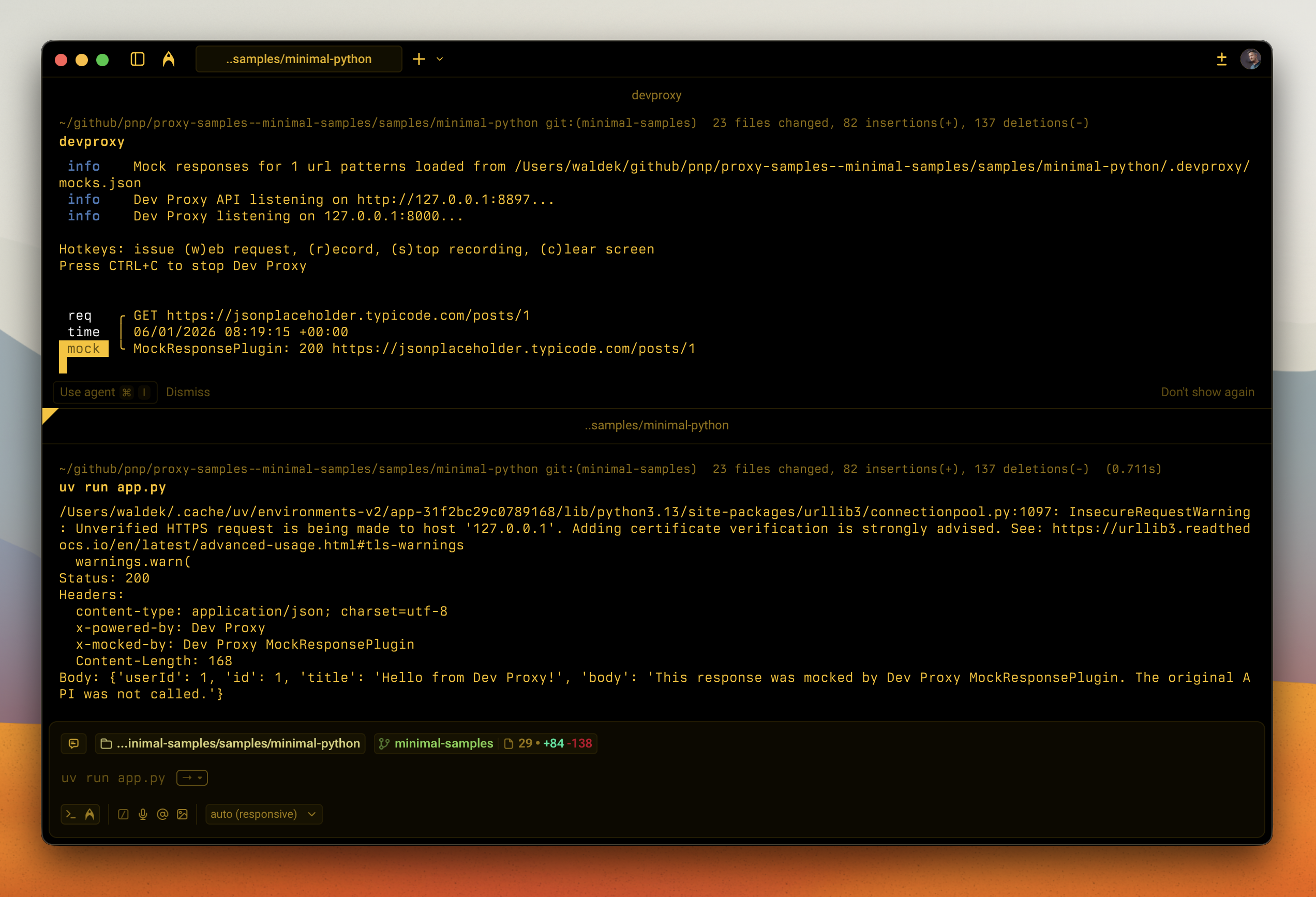 Dev Proxy simulating mocking JSONPlaceholder API request in Python