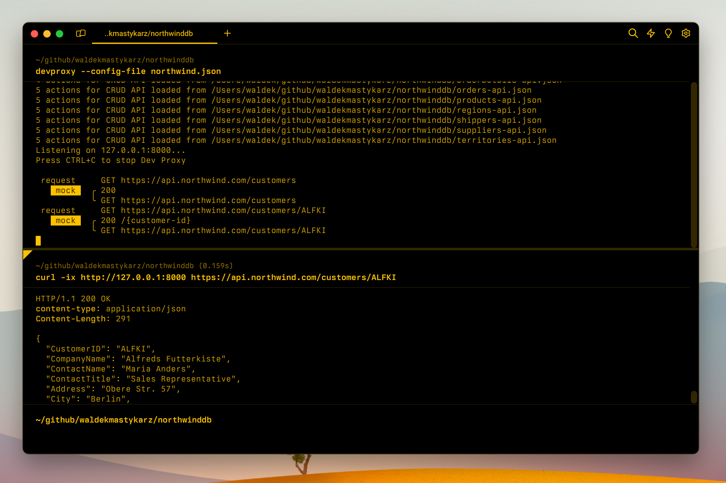 Dev Proxy simulating a customers API endpoint using the Northwind data