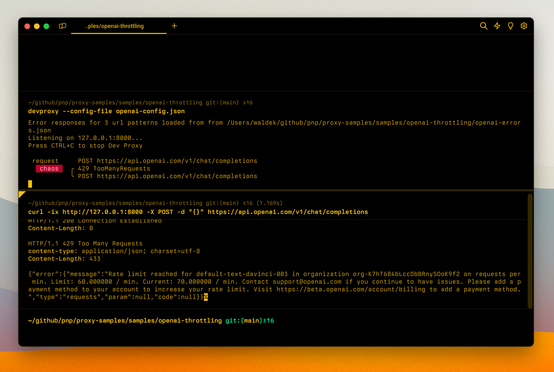 Dev Proxy simulating throttling of the OpenAI API when exceeded the number of requests per minute