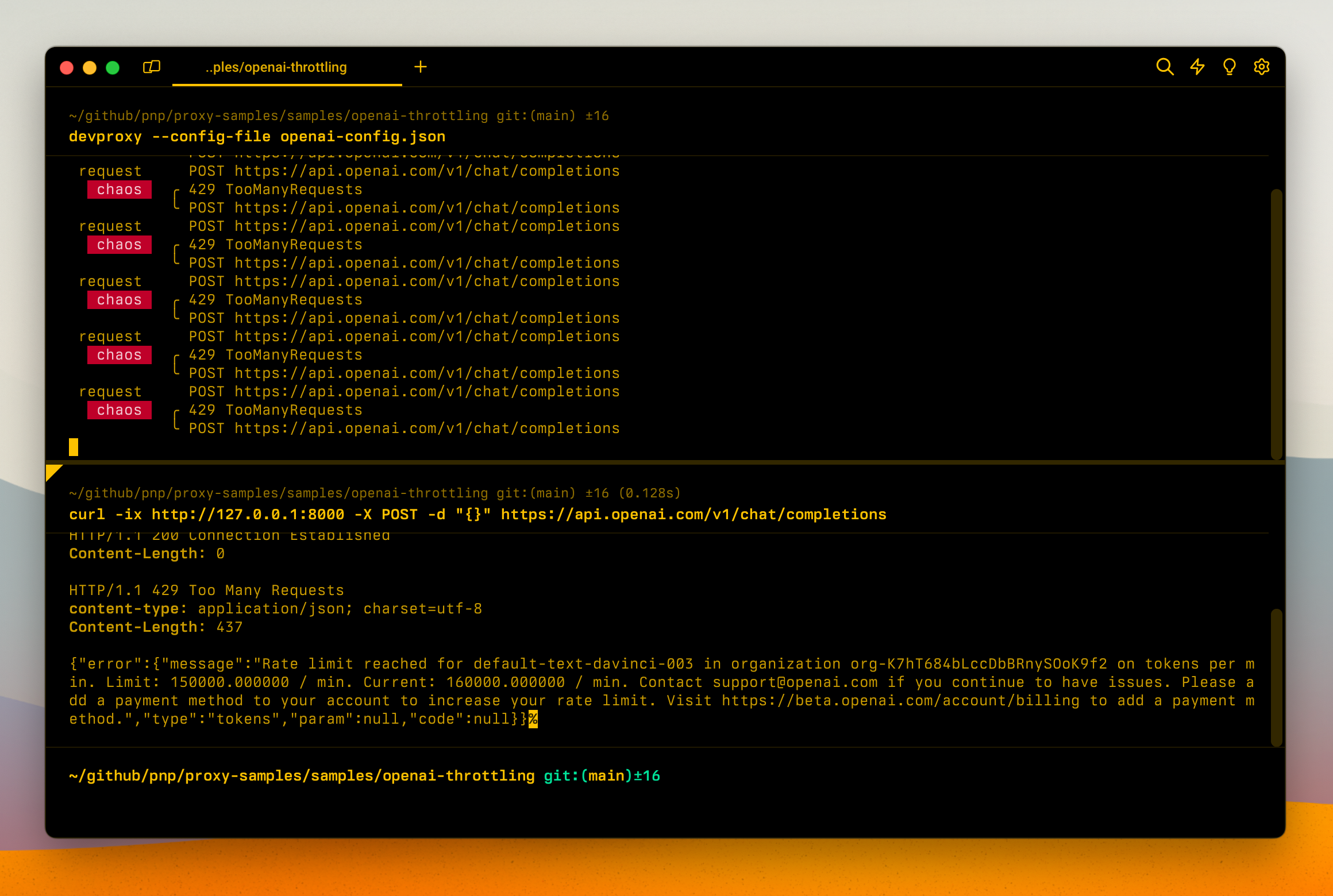 Dev Proxy simulating throttling of the OpenAI API when exceeded the number of tokens per minute