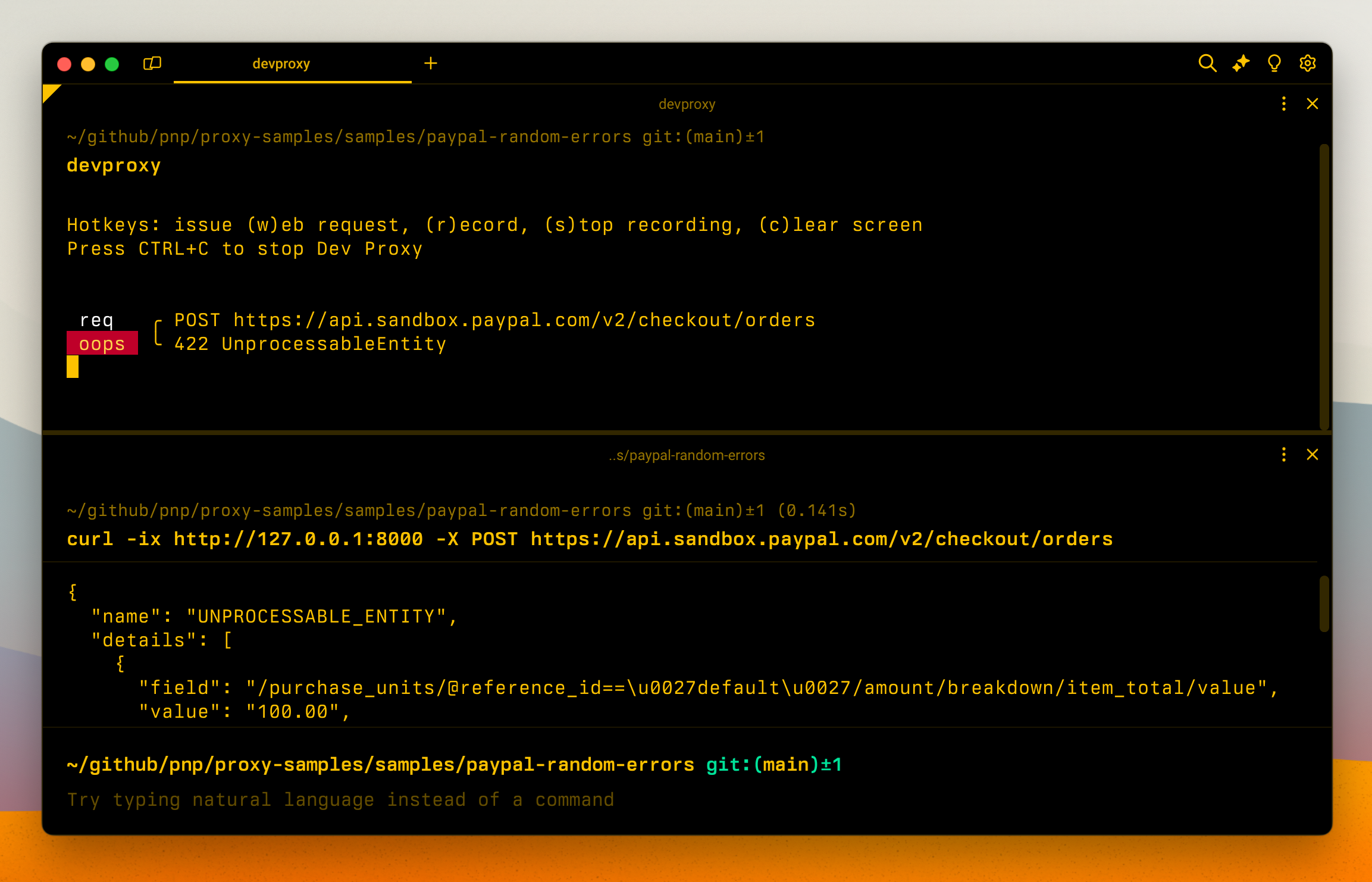 Dev Proxy simulating errors on PayPal APIs
