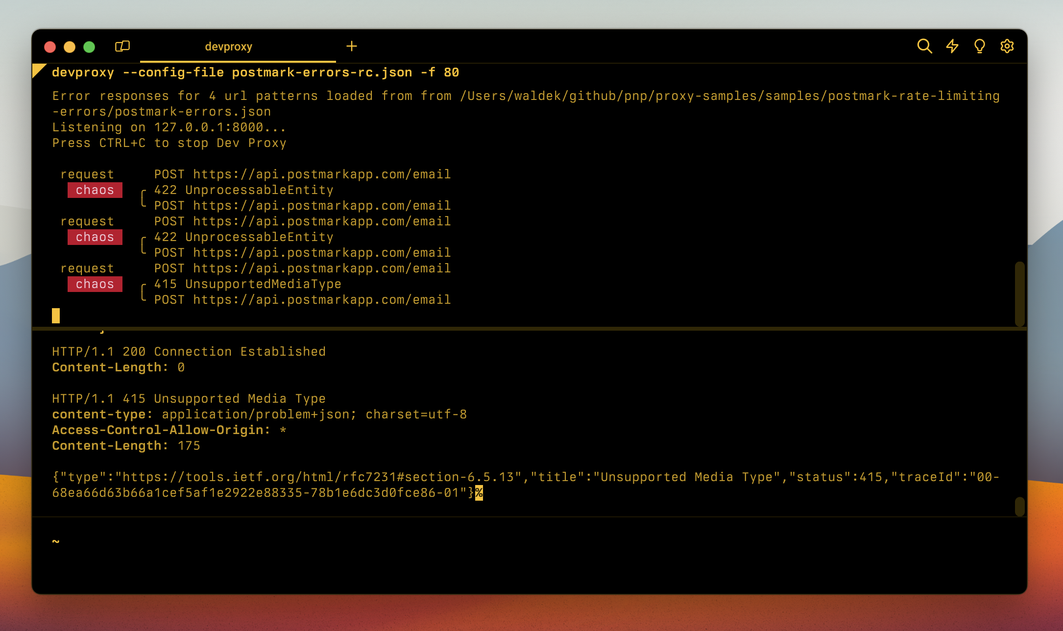 Dev Proxy simulating errors on Postmark APIs