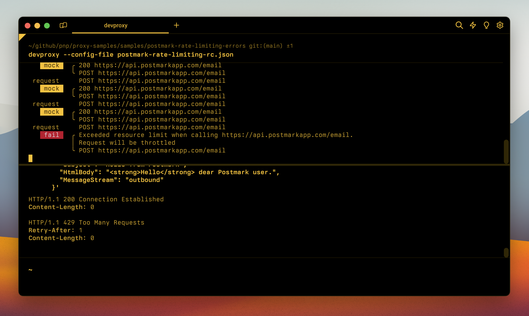 Dev Proxy simulating rate limiting on Postmark APIs