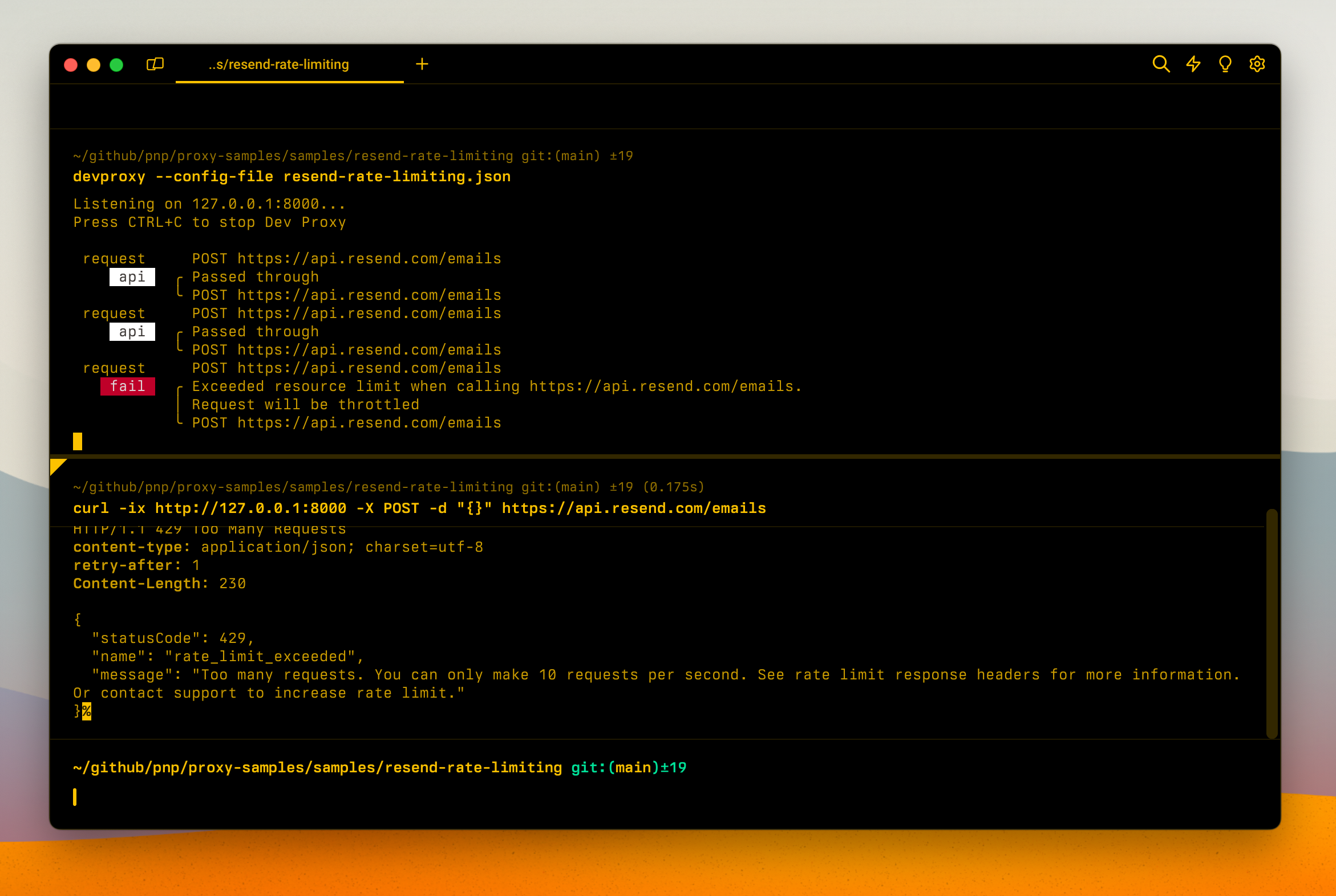 Dev Proxy simulating rate limiting on Resend APIs
