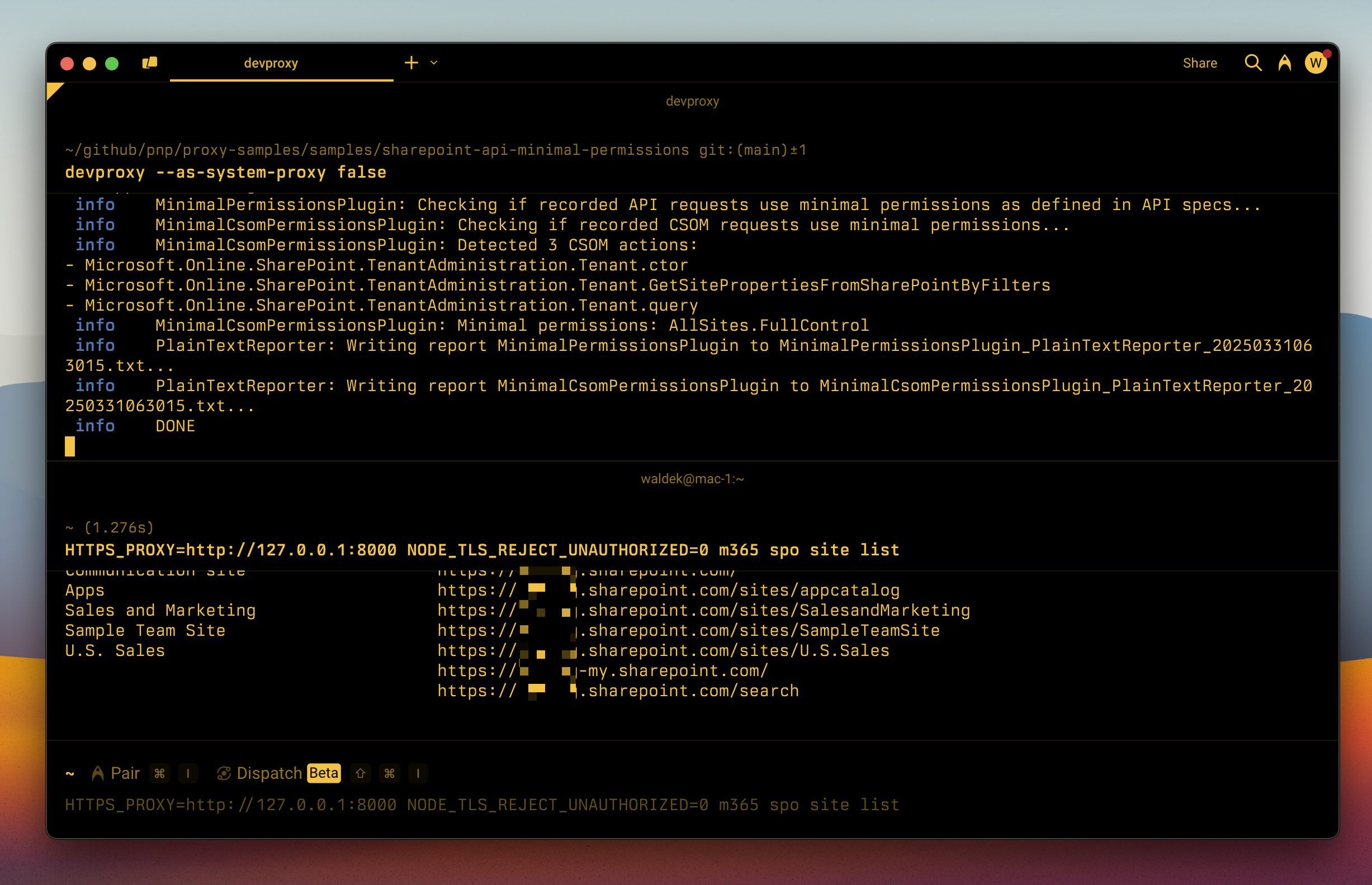 Dev Proxy showing minimal permissions required to call SharePoint CSOM APIs