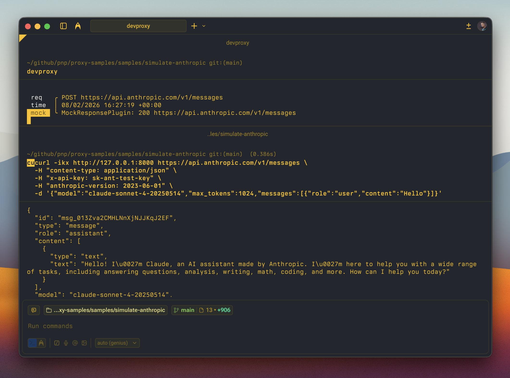 Dev Proxy simulating a response for a request to the Anthropic Claude API