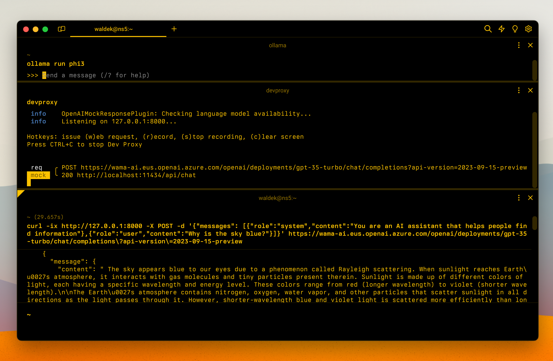Screenshot of a command prompt with Dev Proxy simulating response for a request to Azure OpenAI API.