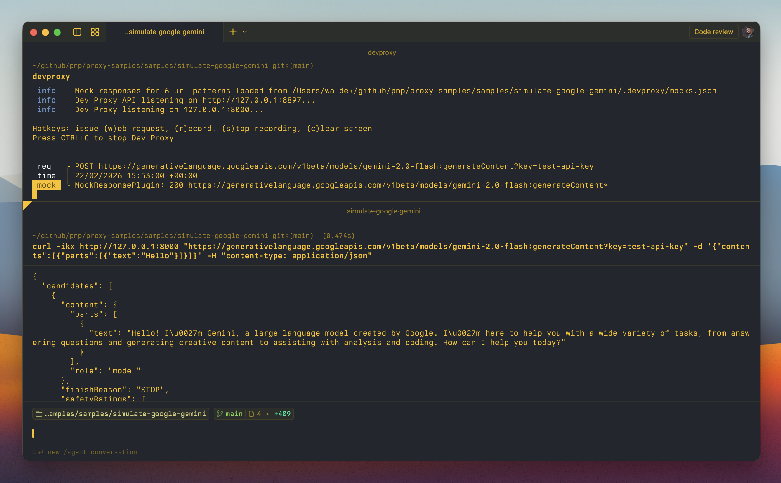 Dev Proxy simulating a response for a request to the Google Gemini API