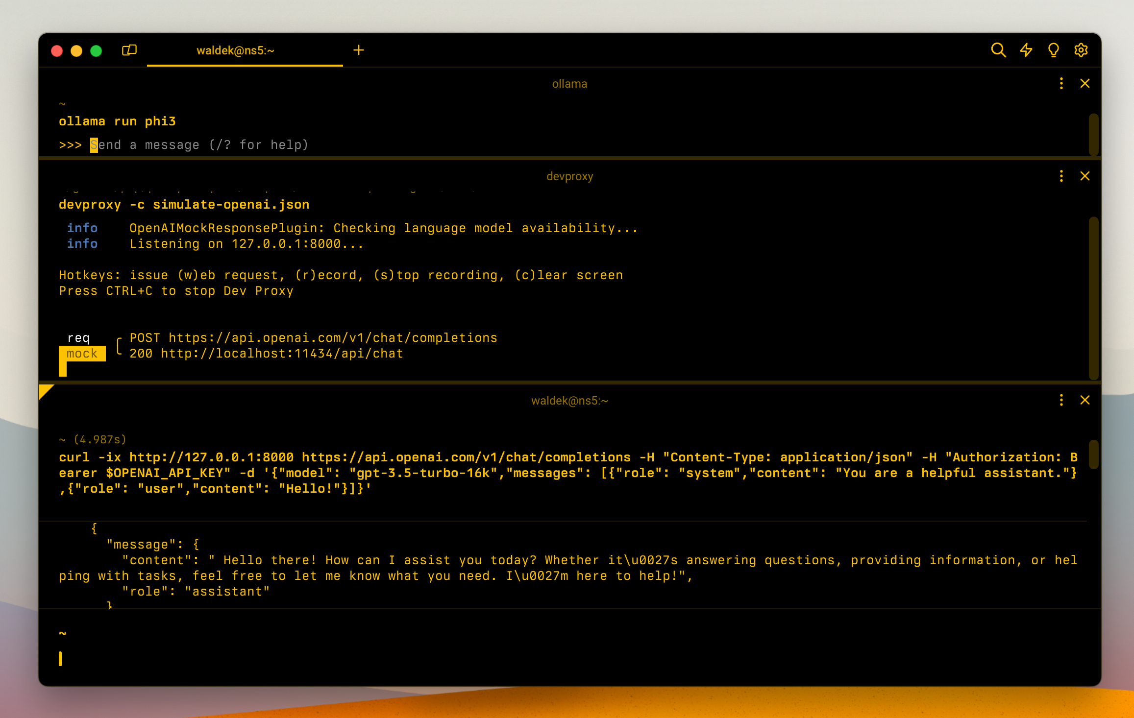 Screenshot of a command prompt with Dev Proxy simulating response for a request to OpenAI API.