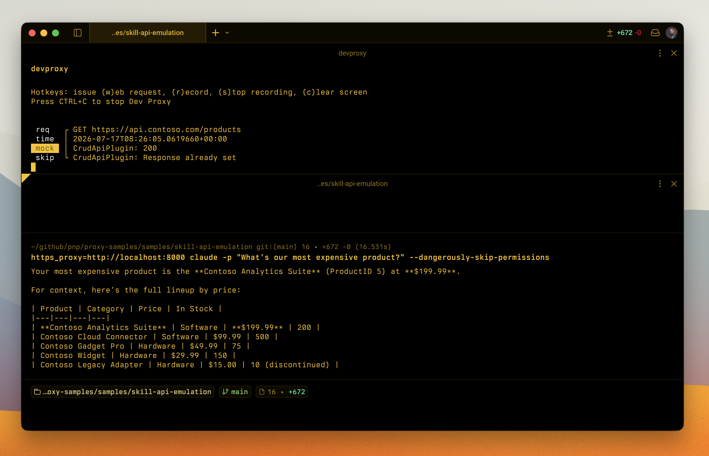 Claude skill using the emulated Contoso API