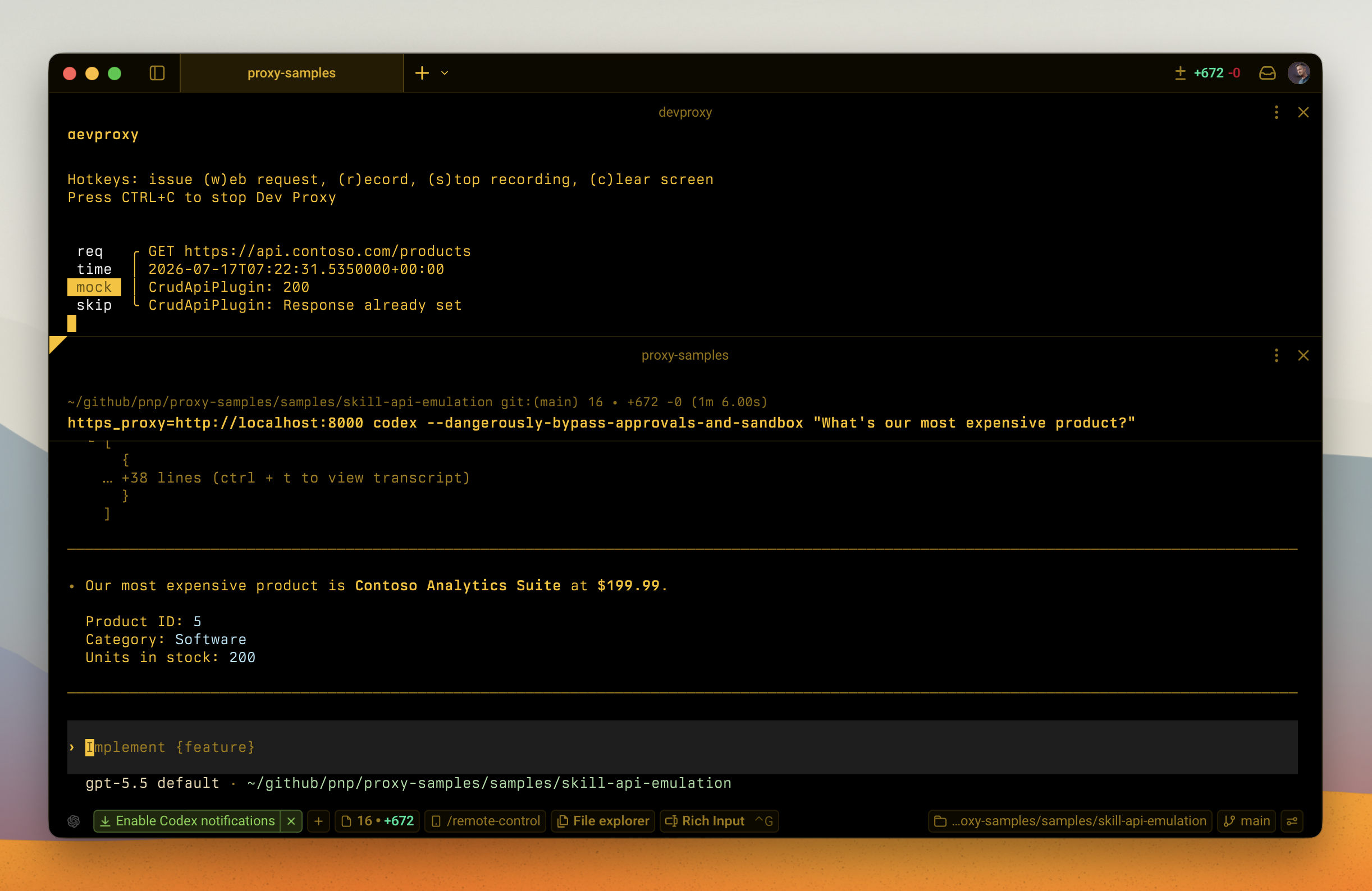 Codex skill using the emulated Contoso API
