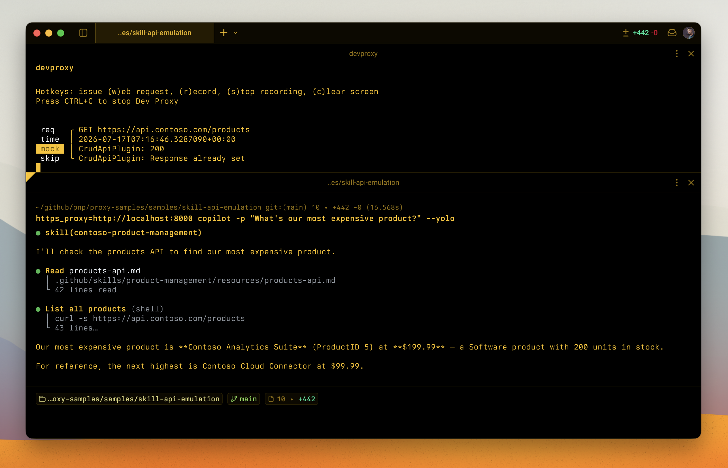 Copilot skill using the emulated Contoso API