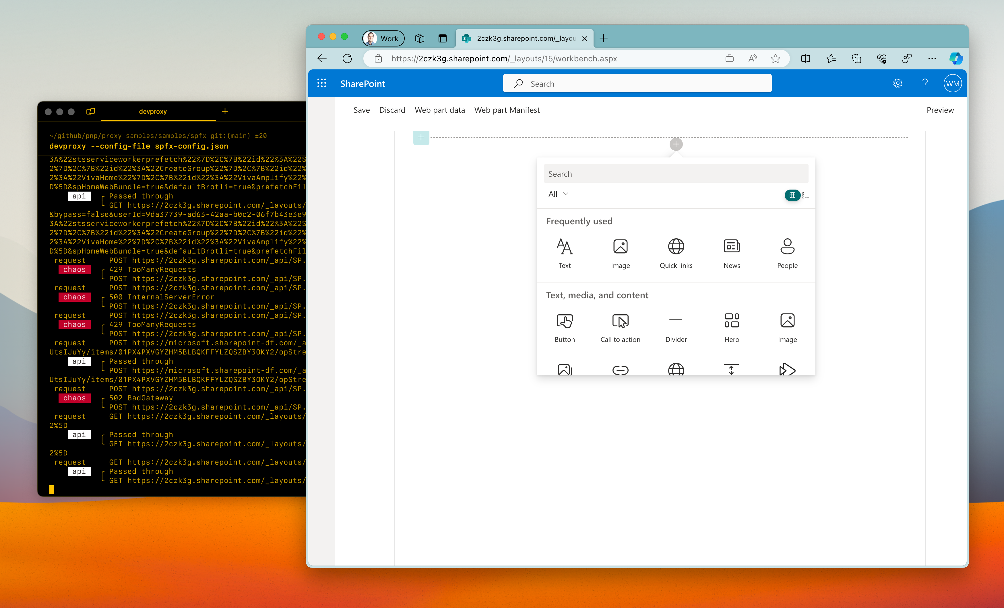 Dev Proxy simulating API errors for an SPFx solution