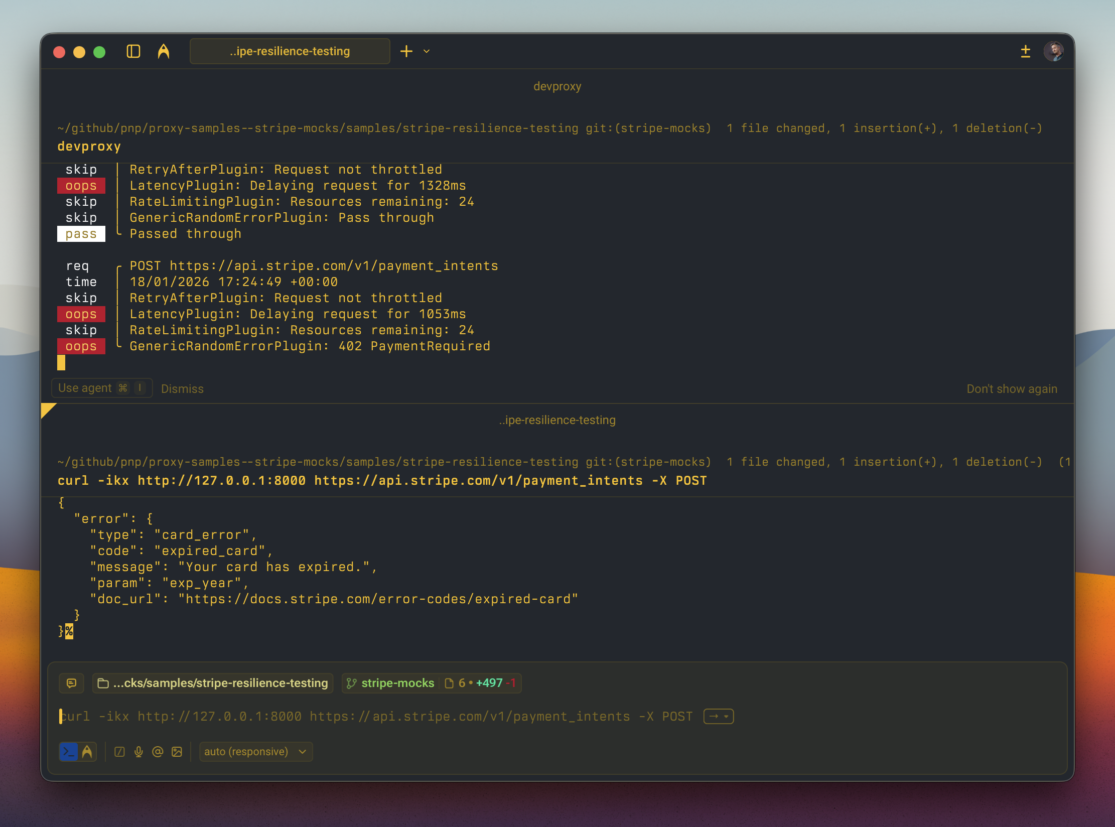 Dev Proxy simulating Stripe API errors