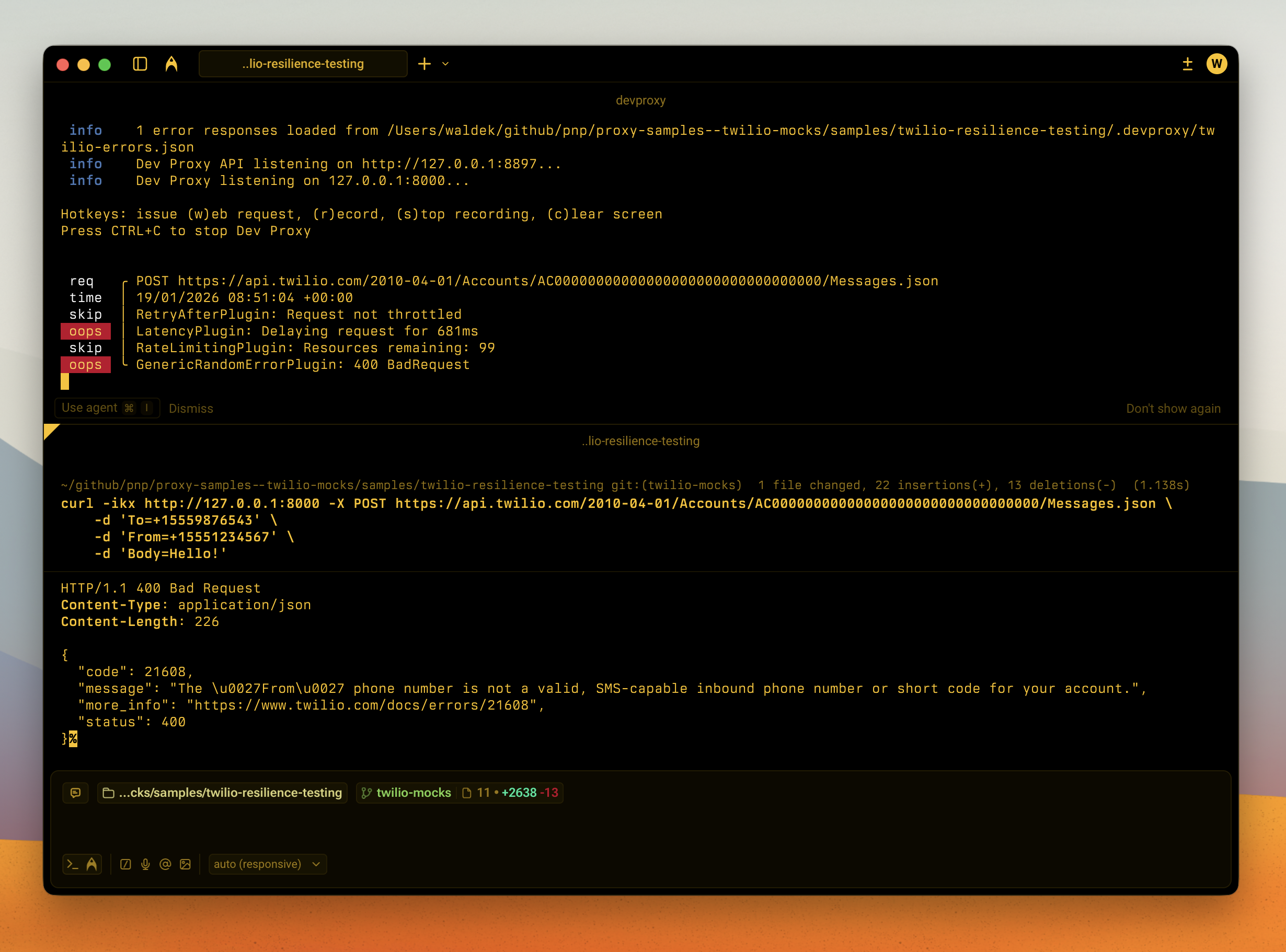 Dev Proxy simulating Twilio API errors