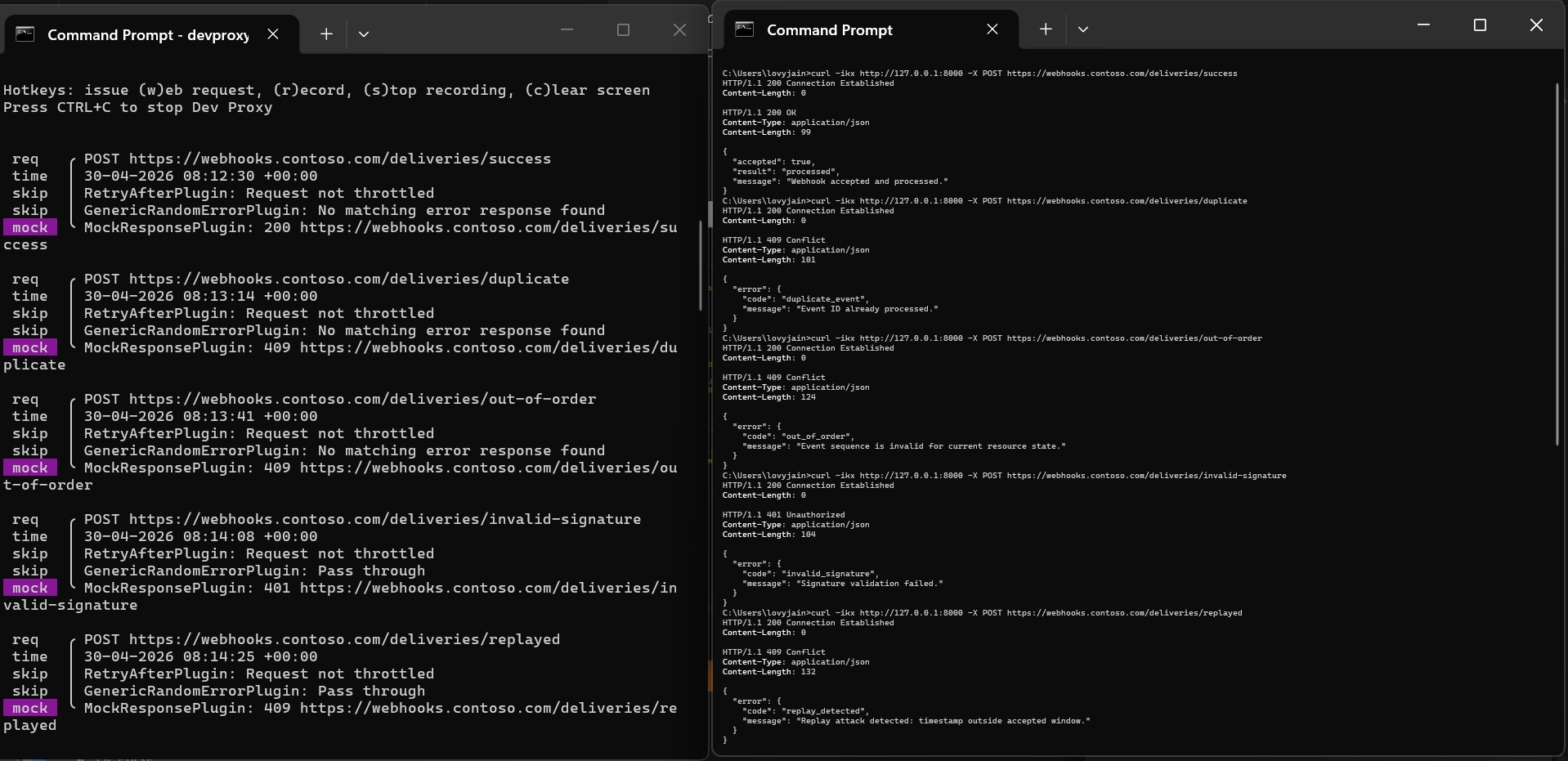 Dev Proxy simulating webhook delivery resilience scenarios