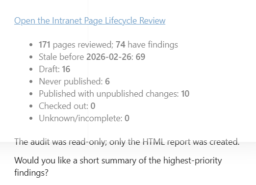 SharePoint page governance completion summary