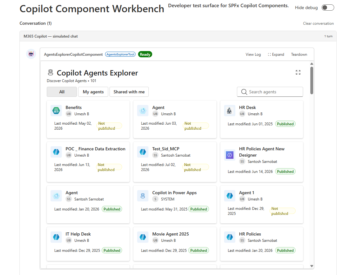 Inline Copilot Agents Explorer grid in the Copilot Component Workbench