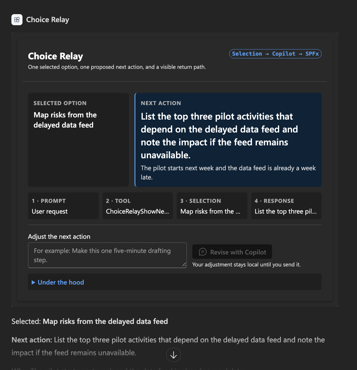 The result component showing the selected option and the proposed next action