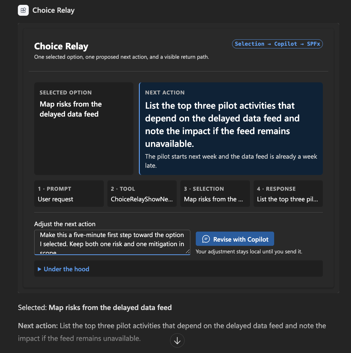 An adjustment typed into the component's own field, with Revise with Copilot active