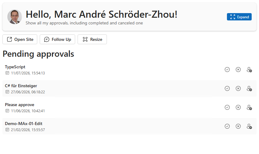 Inline approvals card and Copilot conversation