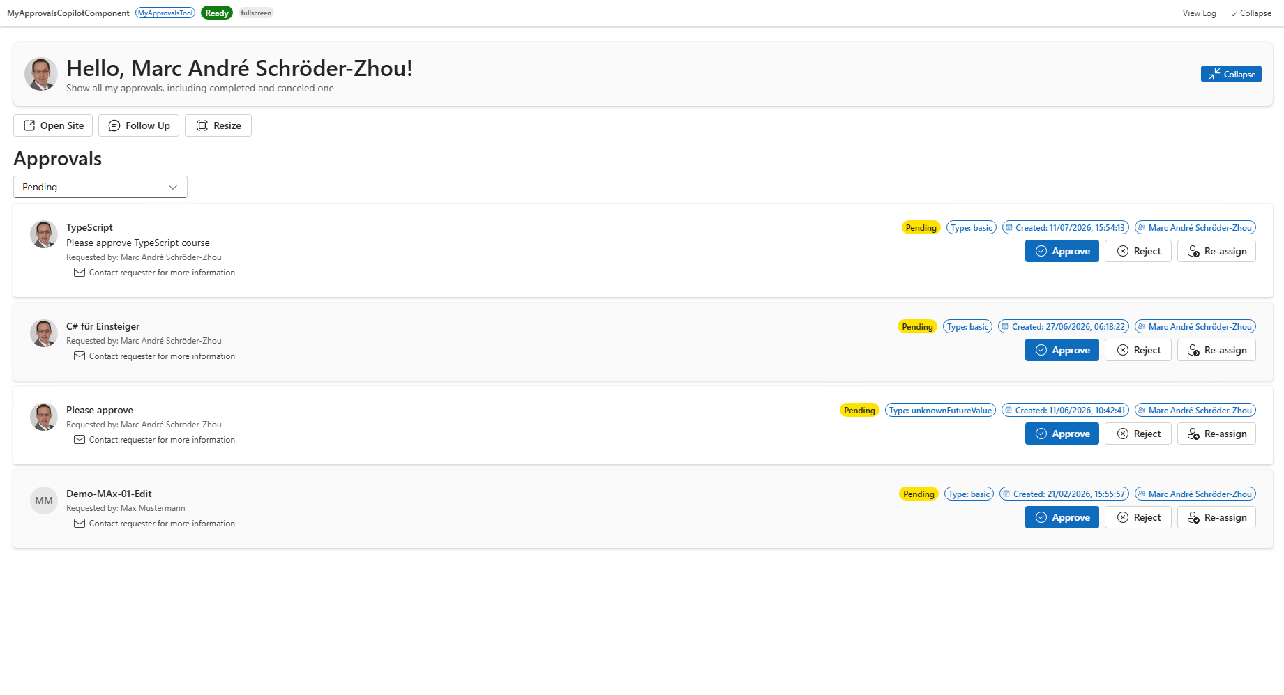 Fullscreen approval overview with requester details