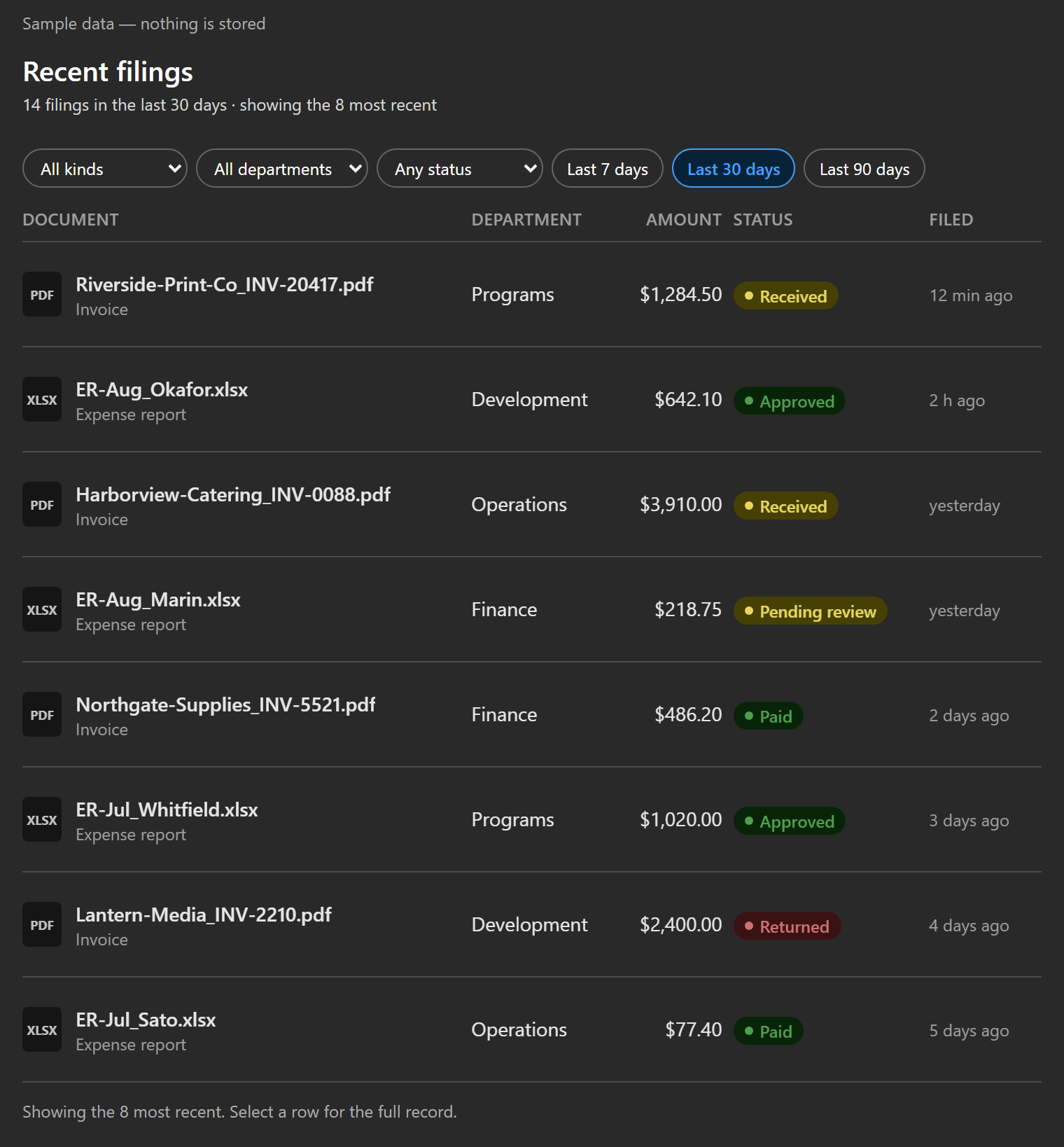 Recent filings in dark theme