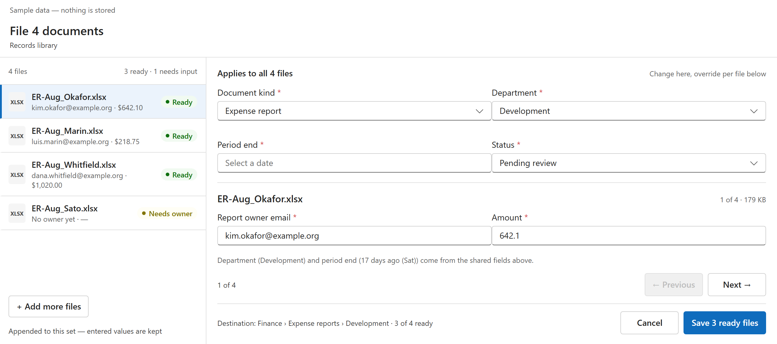 Filing several documents in the full-screen workspace