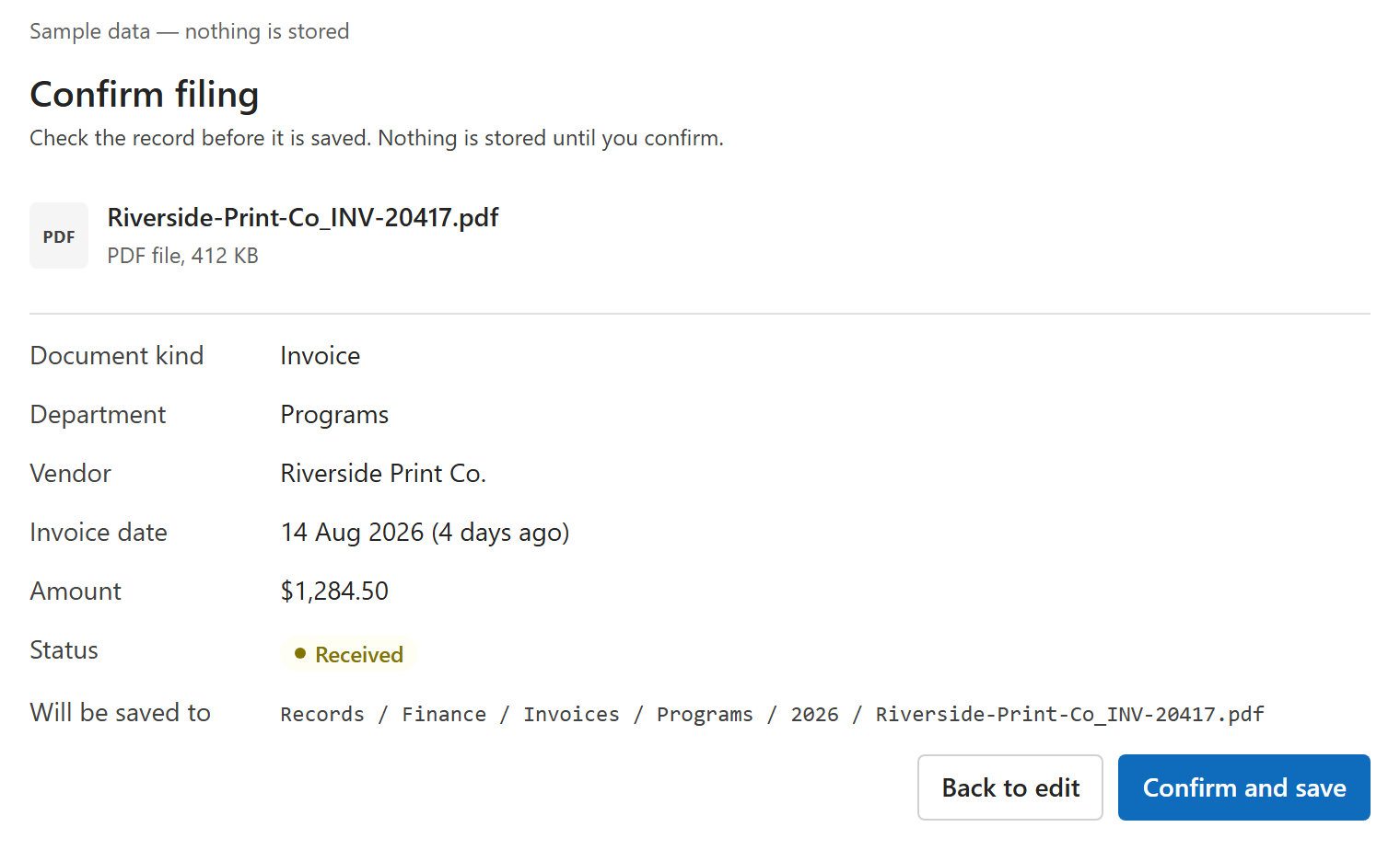 Filing an invoice inline: the review step before saving