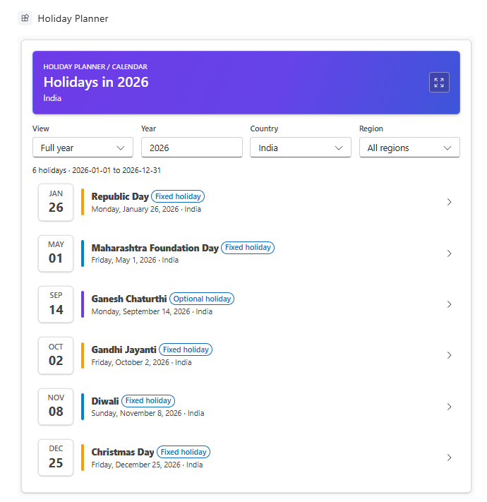 Inline full-year holiday list